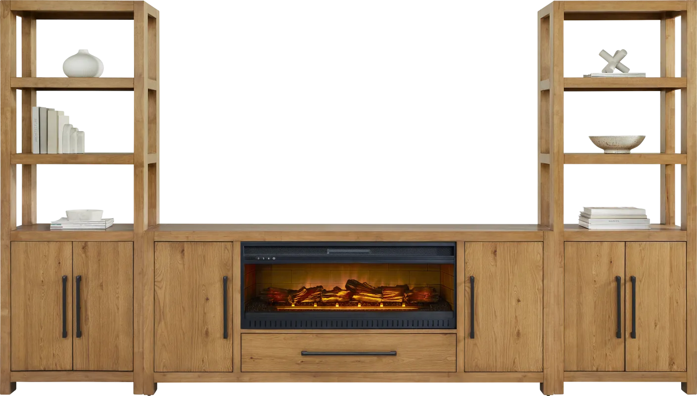 Ithaca Natural 3 Pc Wall Unit with 80 in. Console and Electric Log Fireplace