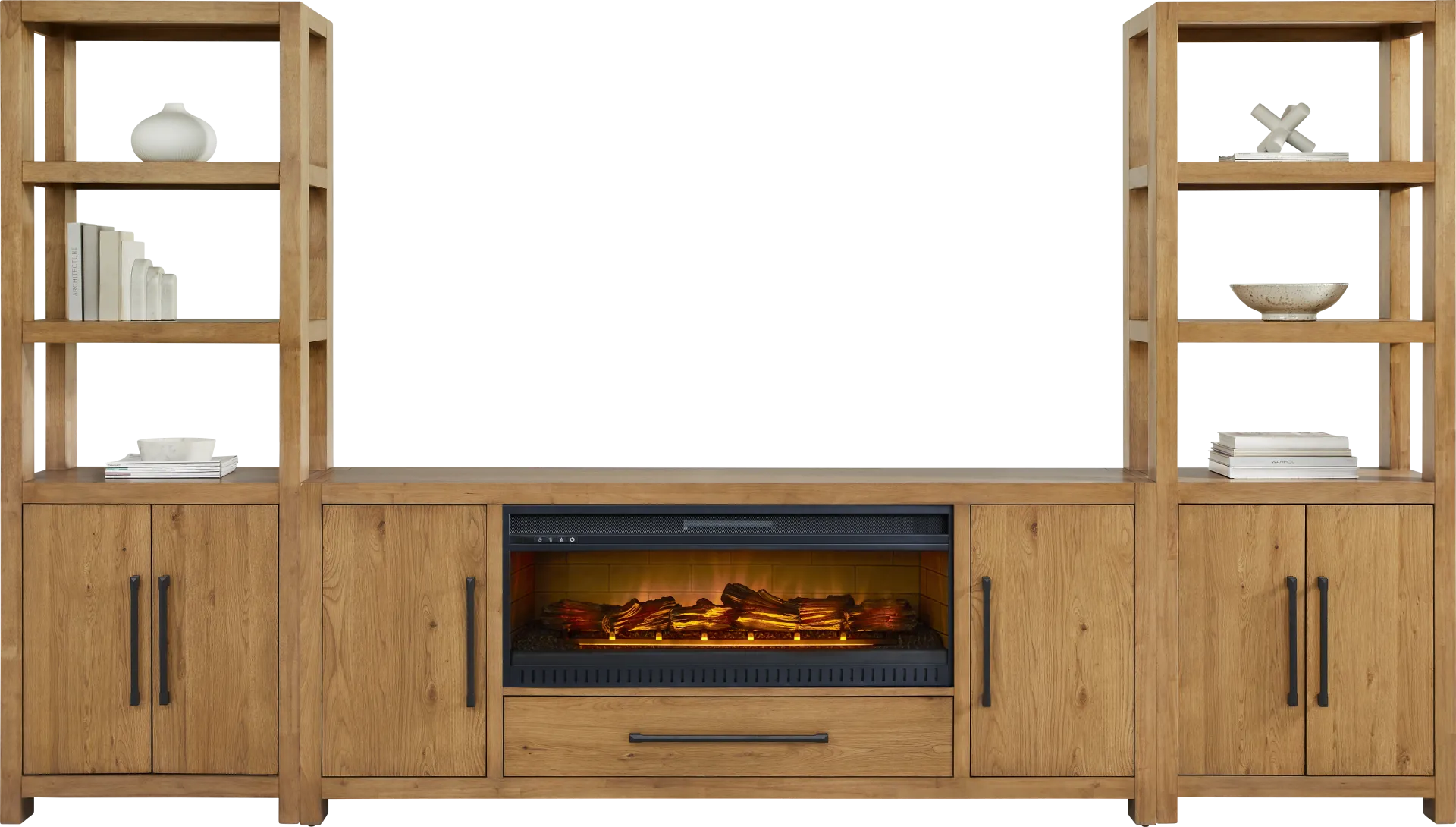 Ithaca Natural 3 Pc Wall Unit with 80 in. Console and Electric Log Fireplace - Image 1
