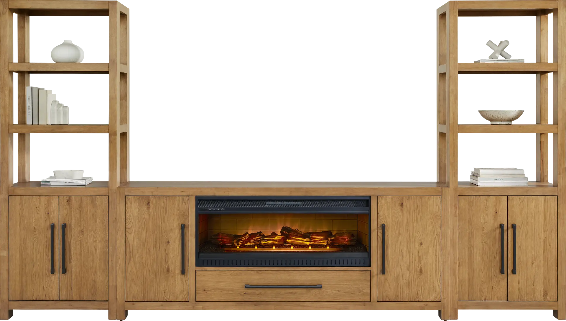 Ithaca Natural 3 Pc Wall Unit with 80 in. Console and Electric Log Fireplace