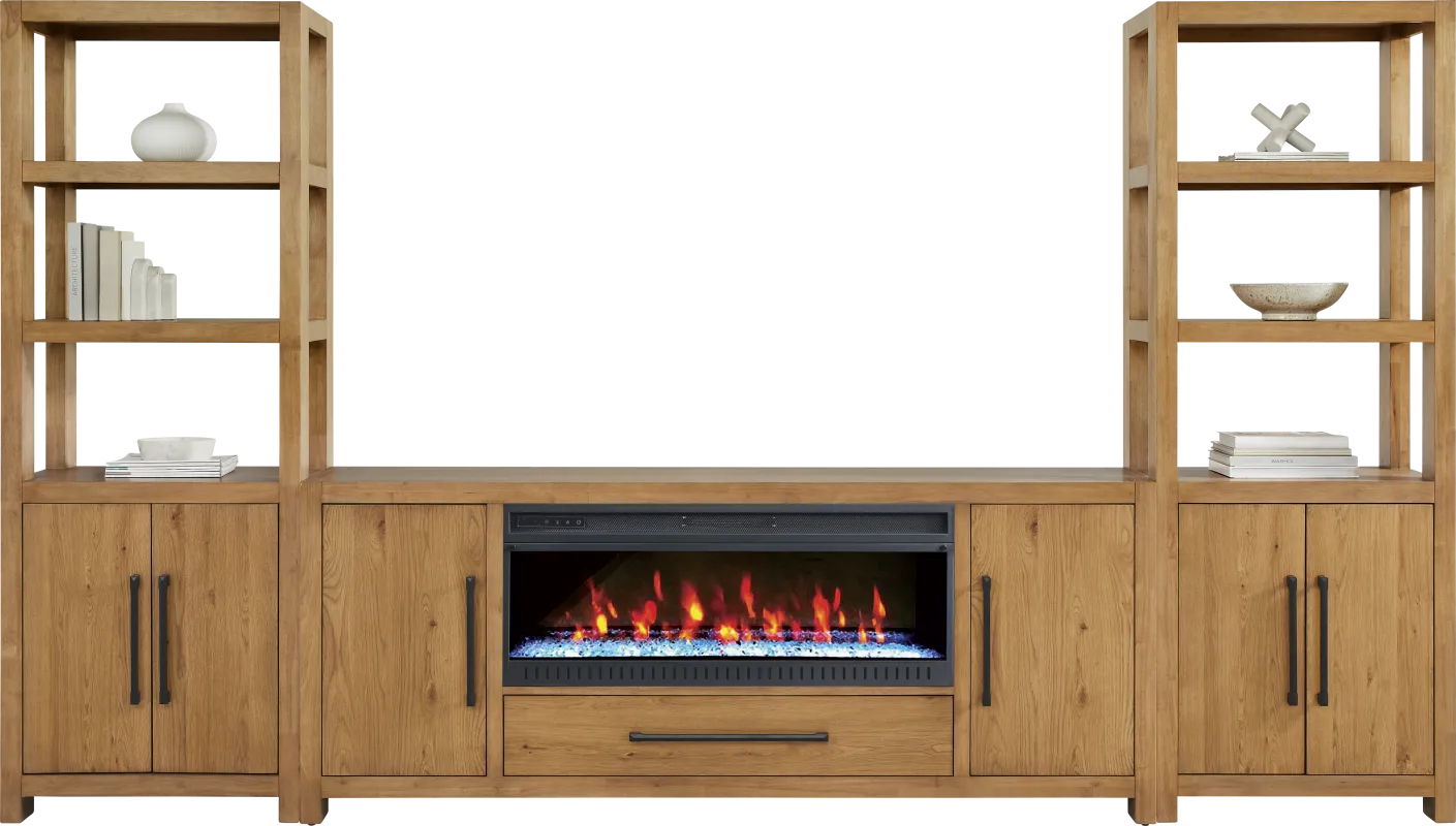 Ithaca Natural 3 Pc Wall Unit with 80 in. Console and Electric Fireplace