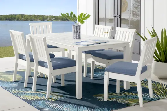Eastlake White 7 Pc 71 in. Rectangle Outdoor Dining Set with Blueberry Cushions