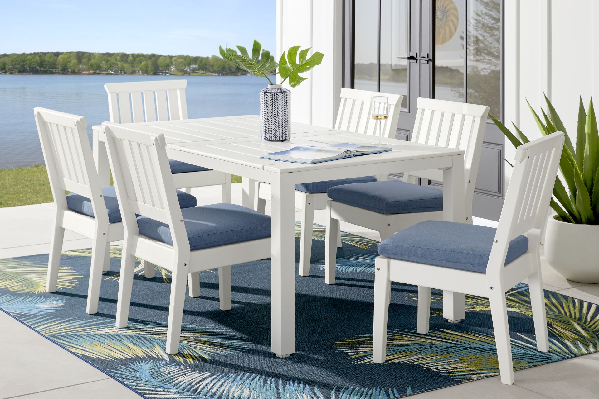 Eastlake White 7 Pc 71 in. Rectangle Outdoor Dining Set with Blueberry Cushions - Image 1