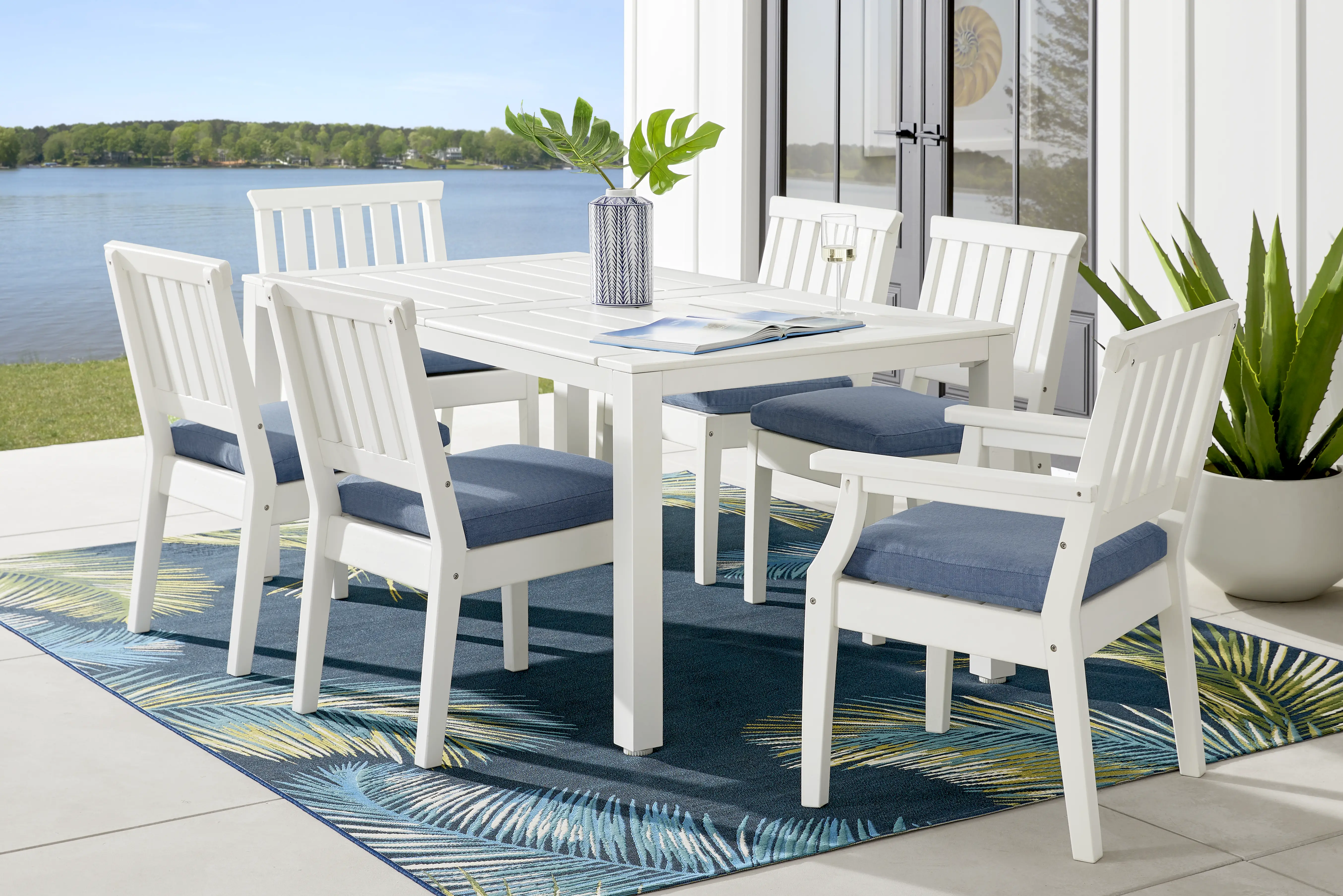 Eastlake White 7 Pc 71 in. Rectangle Outdoor Dining Set with Blueberry Cushions - Thumbnail - Image 1