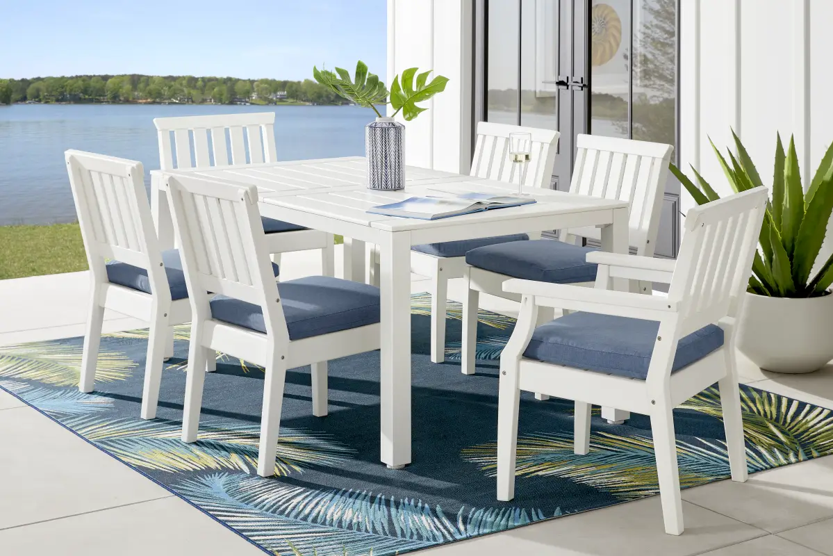 Eastlake White 7 Pc 71 in. Rectangle Outdoor Dining Set with Blueberry Cushions