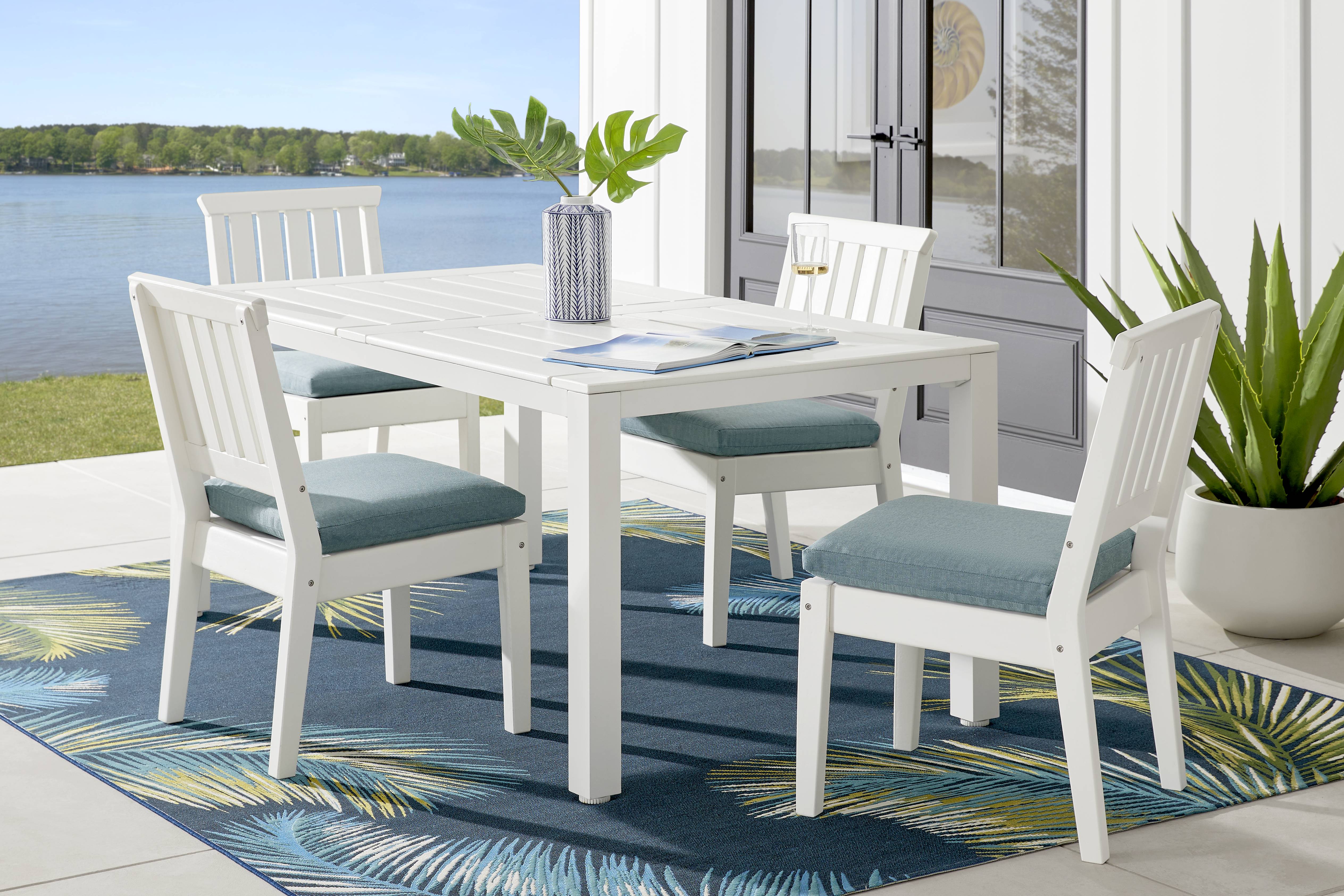 Eastlake White 5 Pc 71 in. Rectangle Outdoor Dining Set with Breeze Cushions - Thumbnail - Image 1