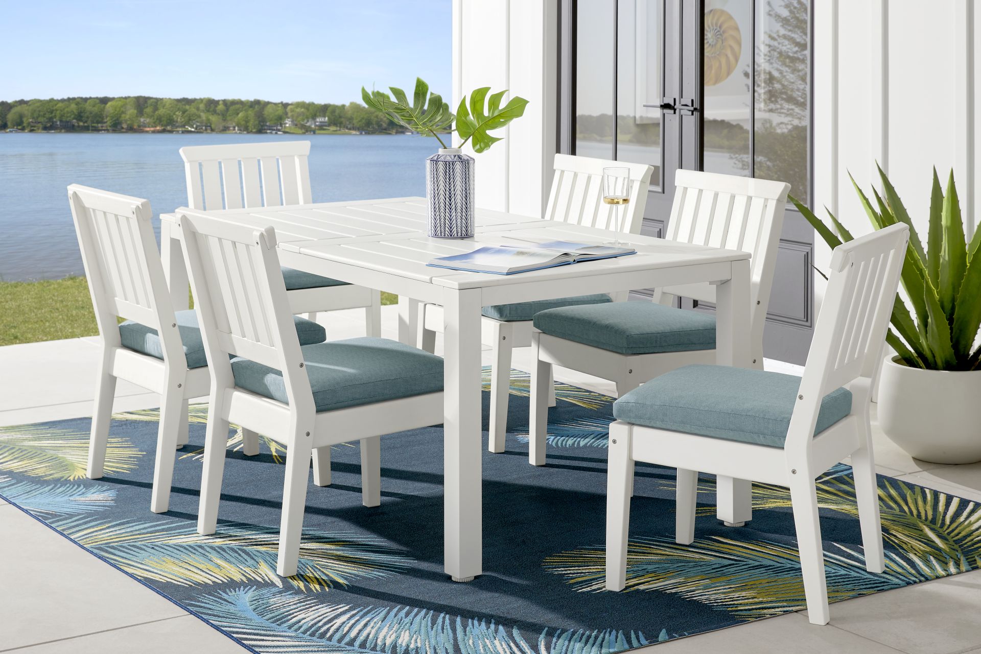 Eastlake White 7 Pc 71 in. Rectangle Outdoor Dining Set with Breeze Cushions - Image 1
