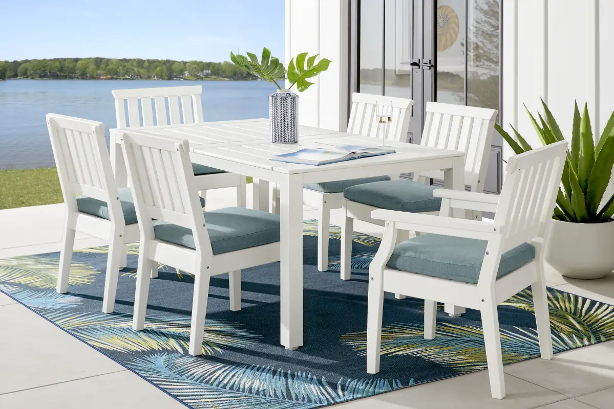 Eastlake White 7 Pc 71 in. Rectangle Outdoor Dining Set with Breeze Cushions