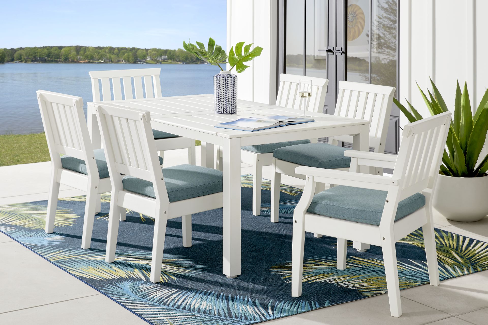 Eastlake White 7 Pc 71 in. Rectangle Outdoor Dining Set with Breeze Cushions - Image 1