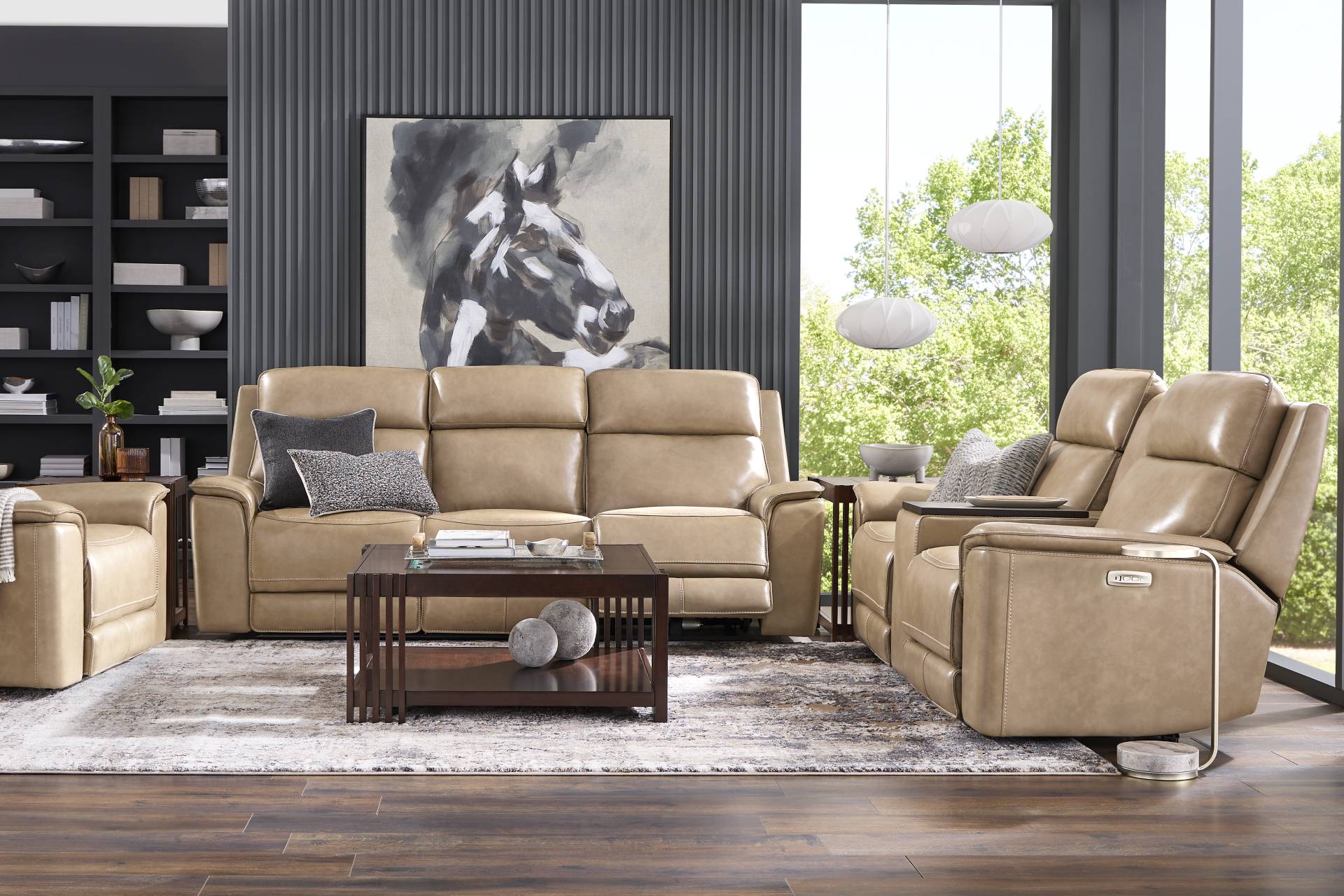 Magellan Sand 5 Pc Leather Dual Power Reclining Living Room full room