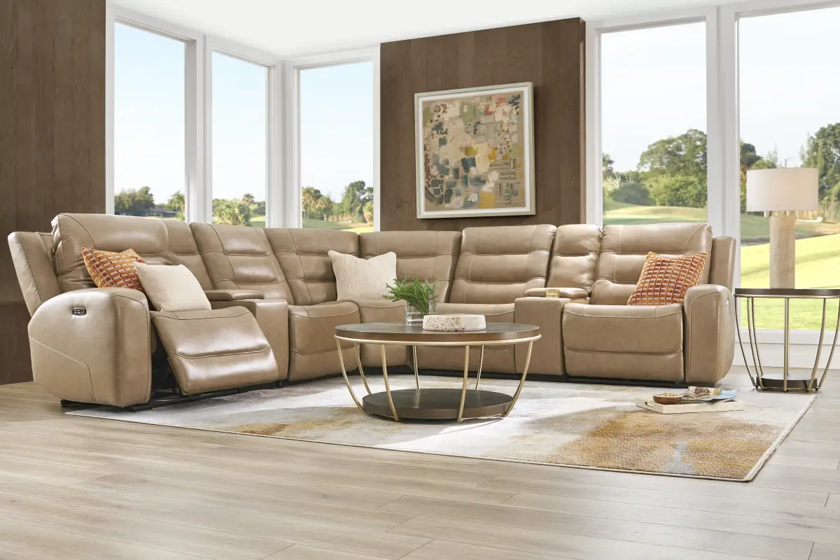 Montero Sand Leather 7 Pc Dual Power Reclining Sectional