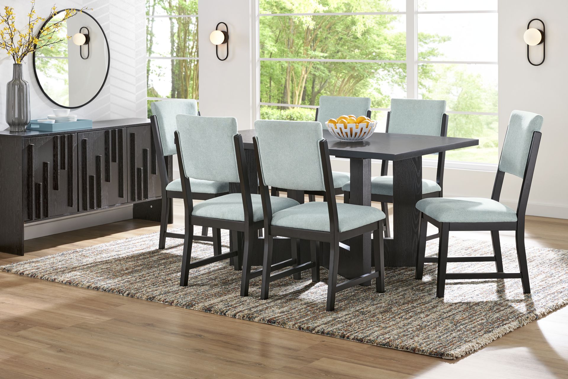Rosolli Black 5 Pc Rectangular Dining Room with Blue Upholstered Chairs - Image 1