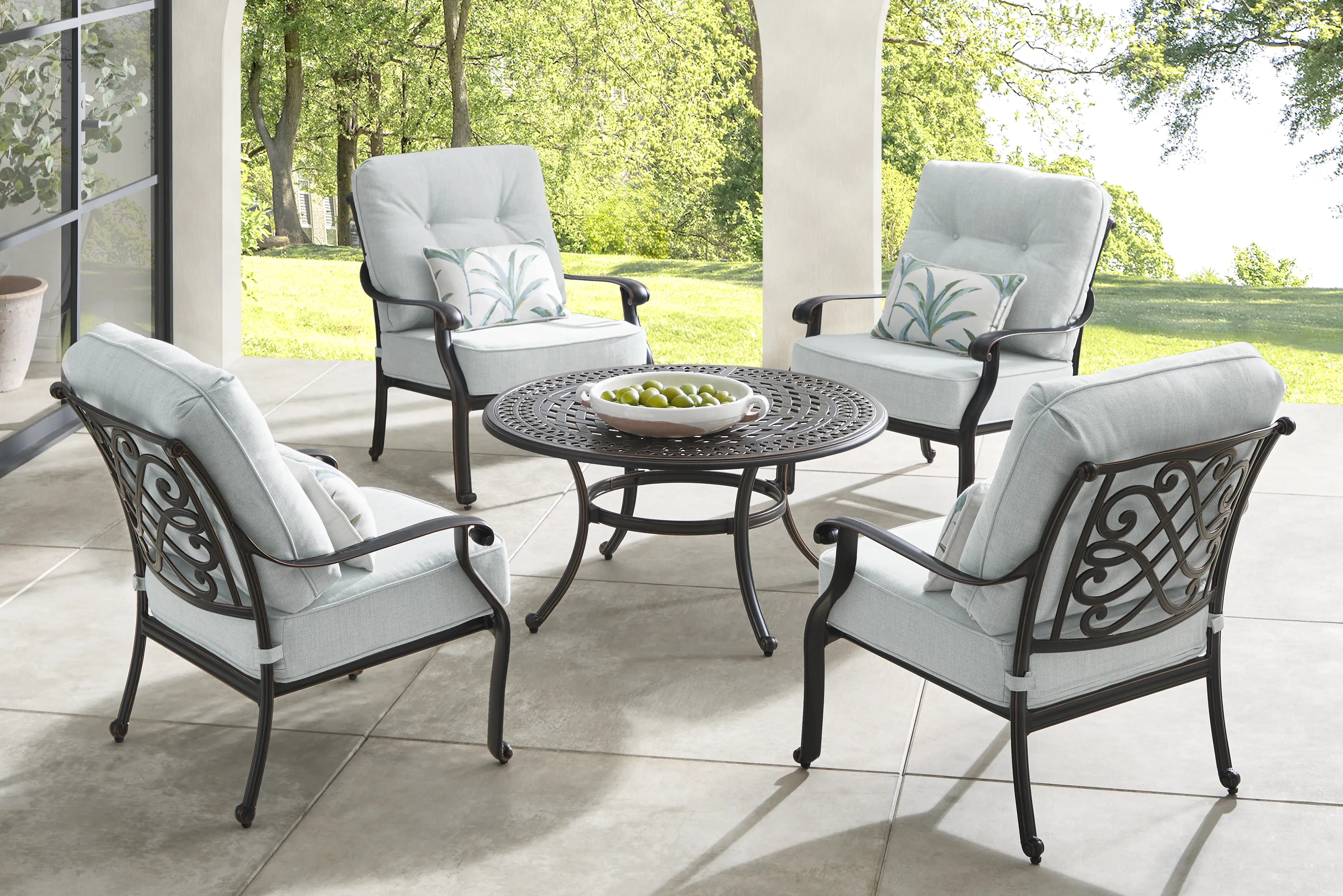 Carina Bronze 5 Pc Outdoor Chat Set with Sky Cushions - Thumbnail - Image 1