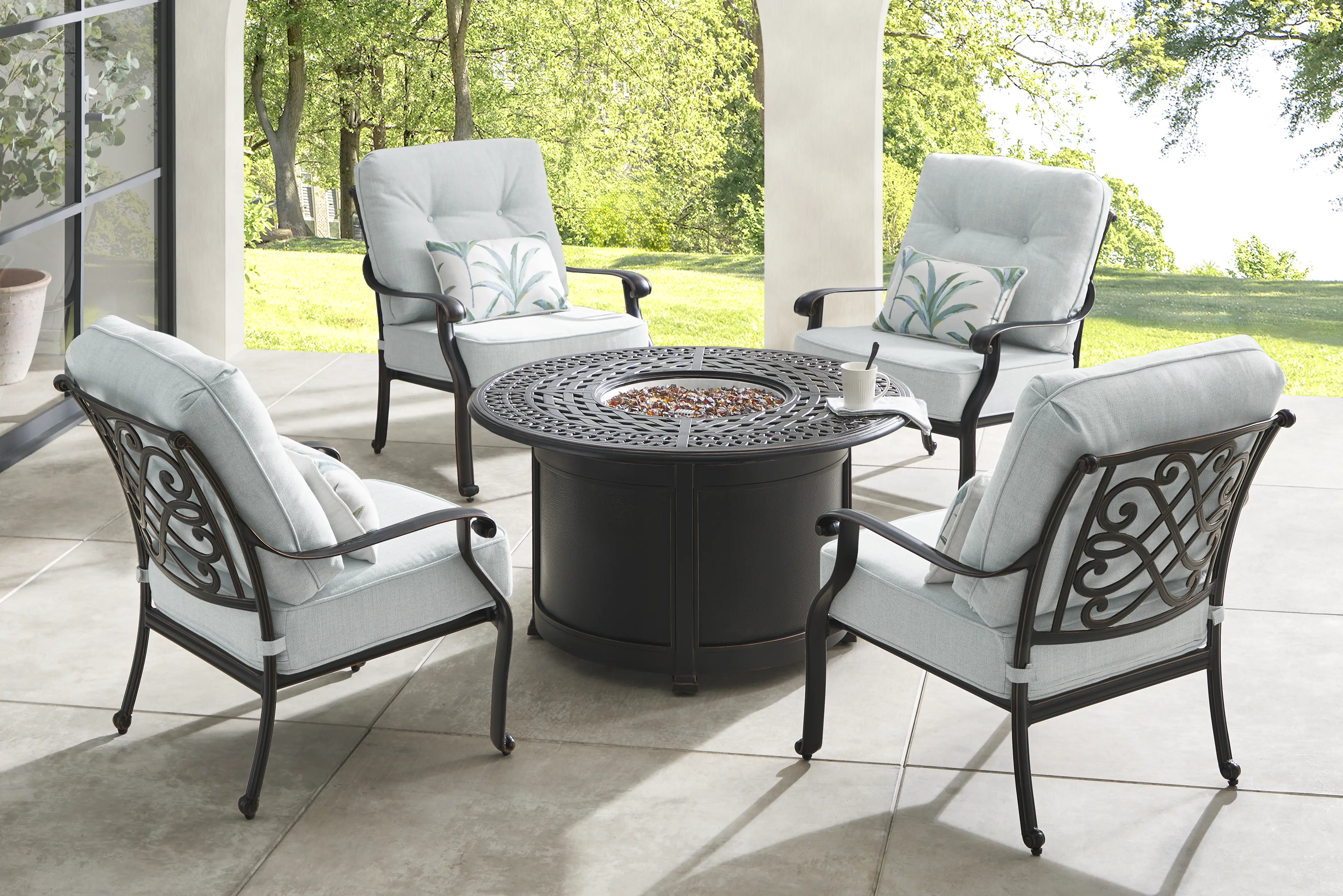 Carina Bronze 5 Pc Outdoor Fire Pit Seating Set with Sky Cushions - Thumbnail - Image 1