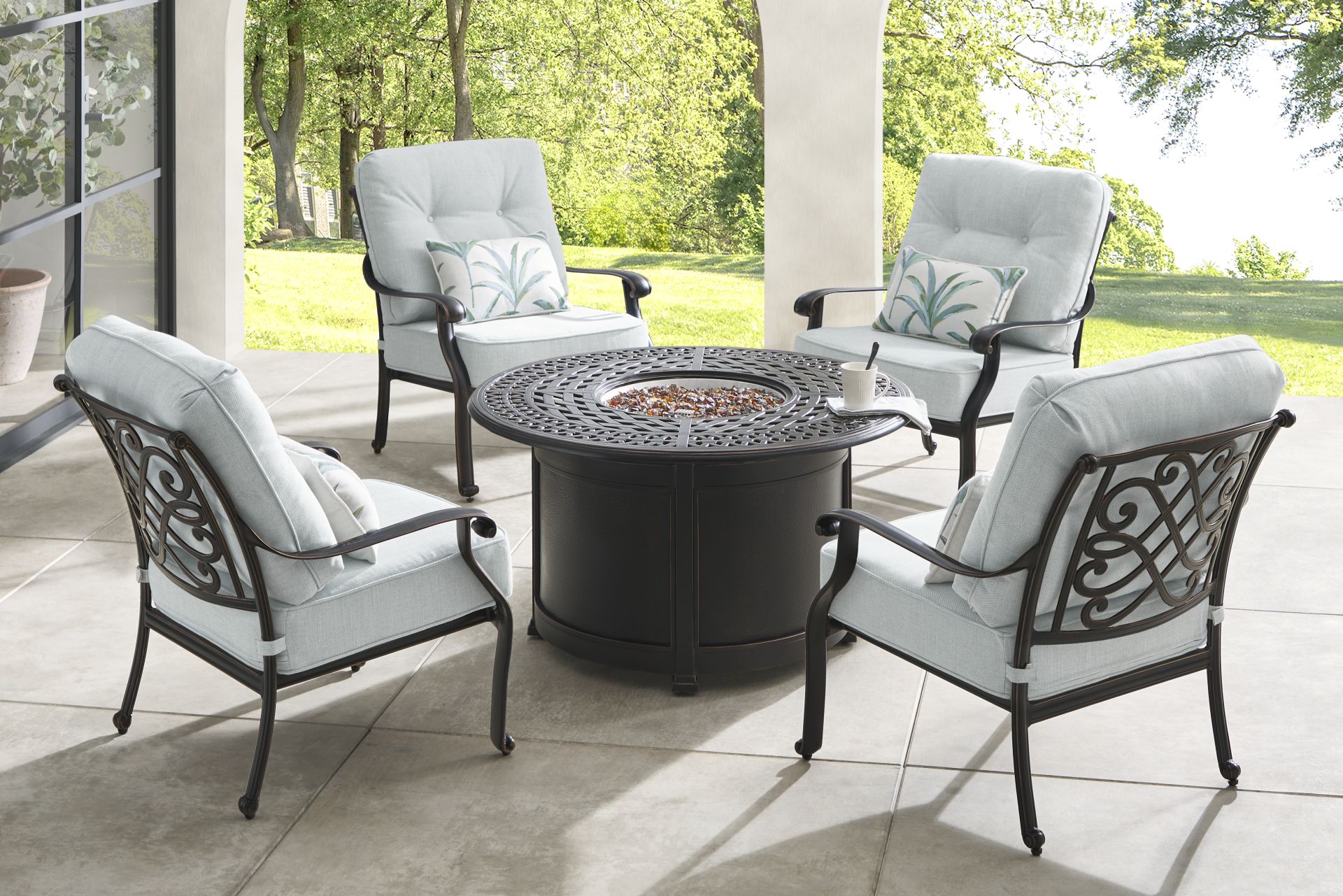 Carina Bronze 5 Pc Outdoor Fire Pit Seating Set with Sky Cushions - Image 1
