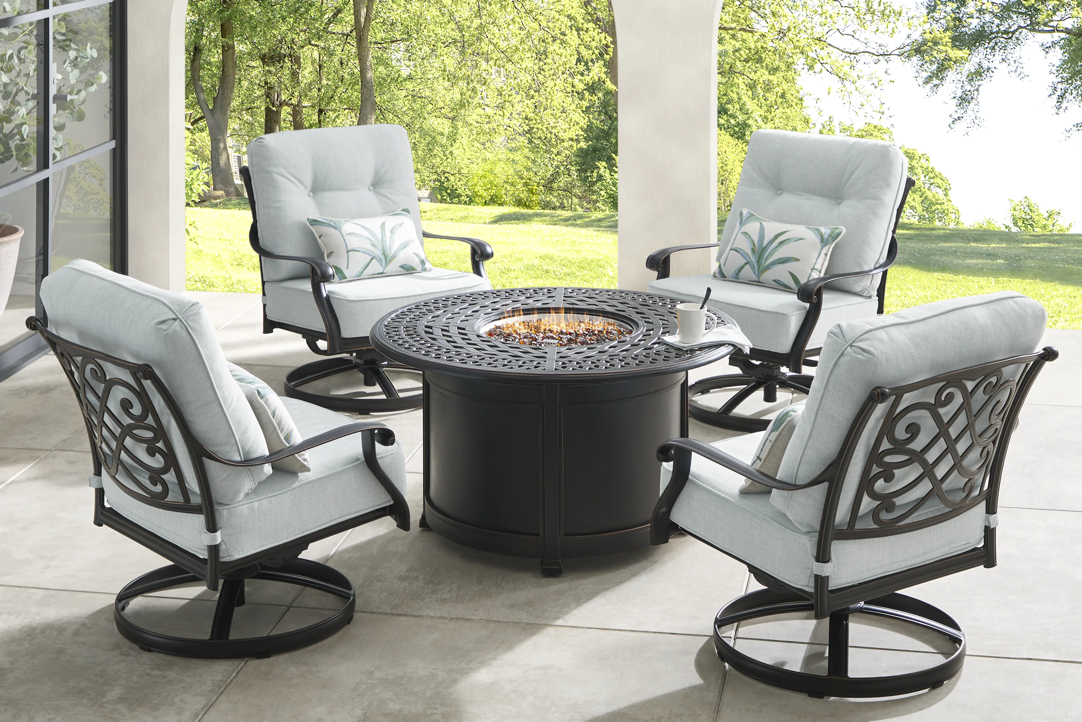 Carina Bronze 5 Pc Outdoor Fire Pit Seating Set with Sky Cushions - Thumbnail - Image 1