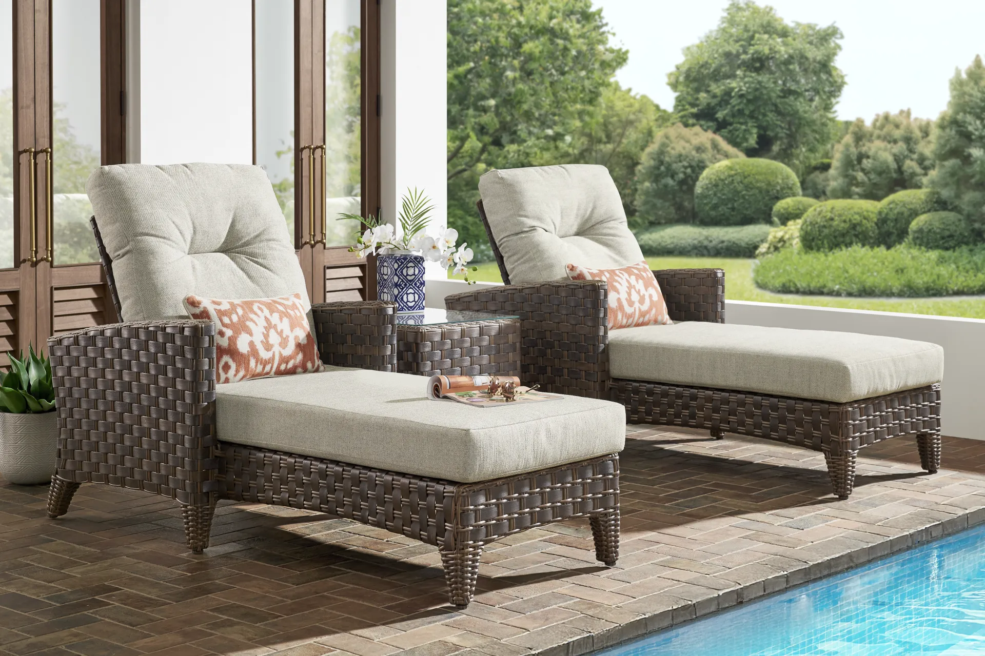 Mantra Brown Outdoor Chaise with Ash Cushions, Set of 2 - Image 1