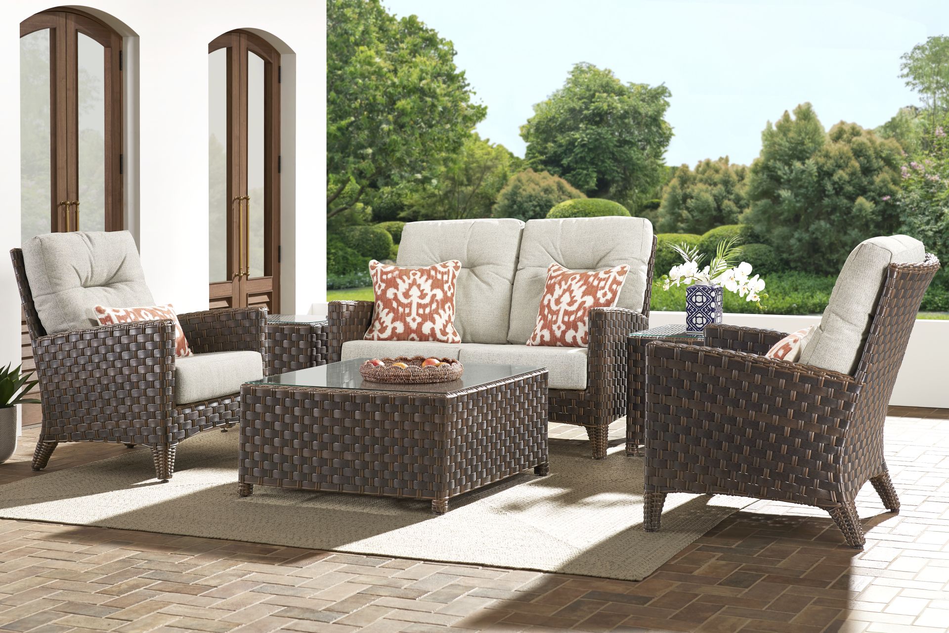 Mantra Brown 4 Pc Outdoor Loveseat Seating Set with Ash Cushions - Image 1