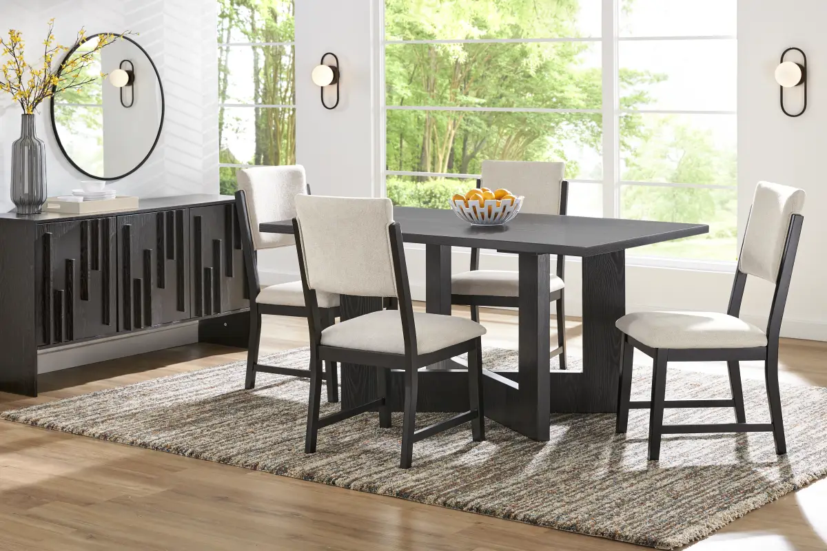 Rosolli Black 5 Pc Rectangular Dining Room with Beige Upholstered Chairs