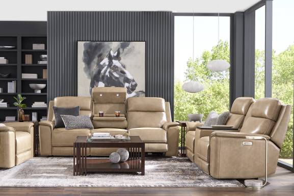 Magellan Sand Leather Dual Power Reclining Console Loveseat