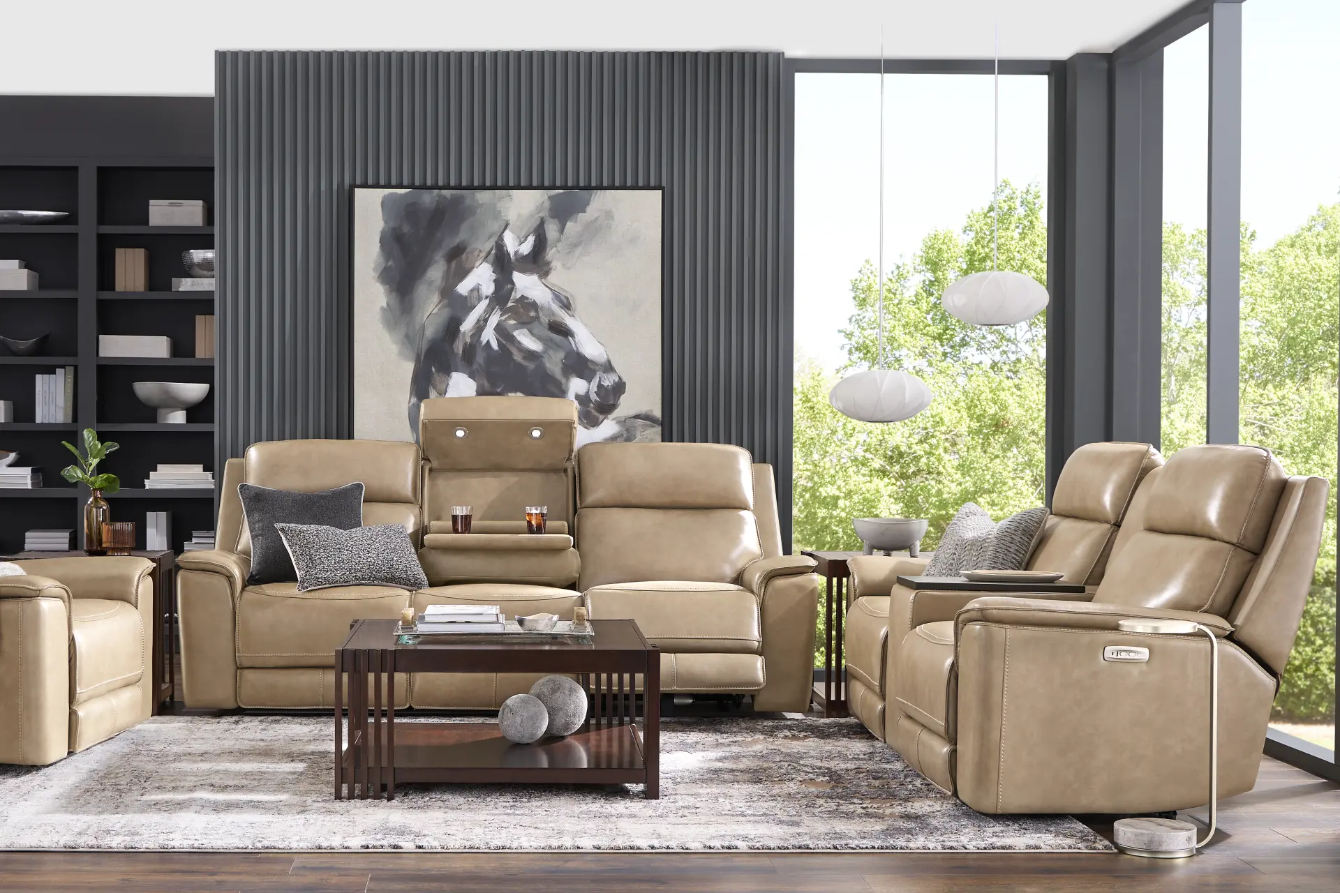 Magellan Sand Leather 5 Pc Dual Power Reclining Living Room