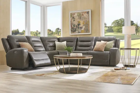 Montero Charcoal Leather 5 Pc Dual Power Reclining Sectional