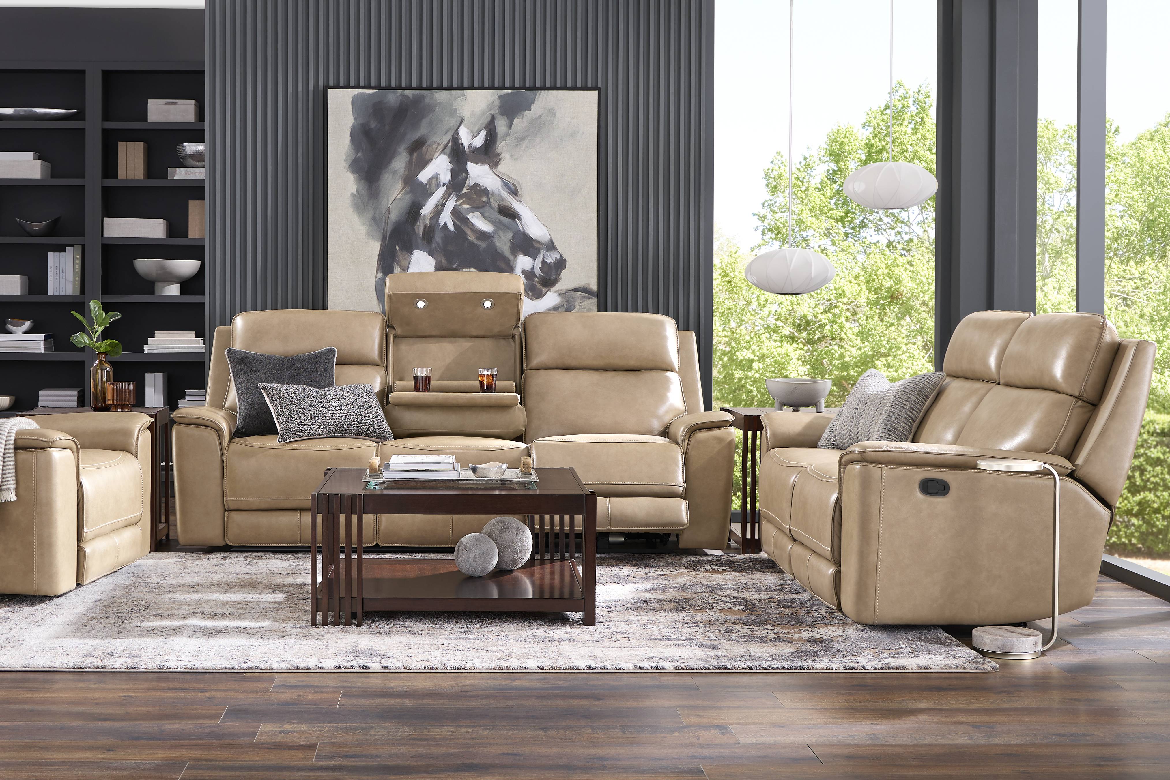 Magellan Sand Leather 5 Pc Reclining Living Room with Dual Power Reclining Sofa - Thumbnail - Image 1