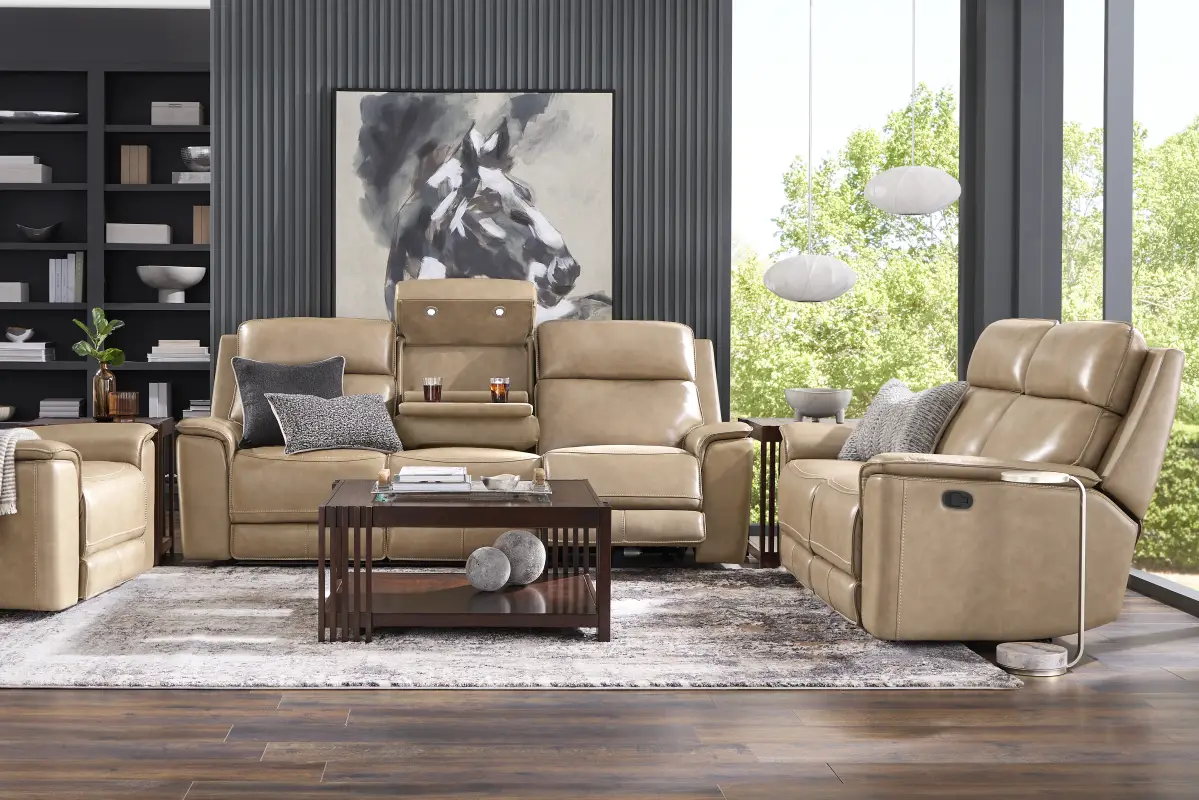 Magellan Sand Leather 5 Pc Reclining Living Room with Dual Power Reclining Sofa