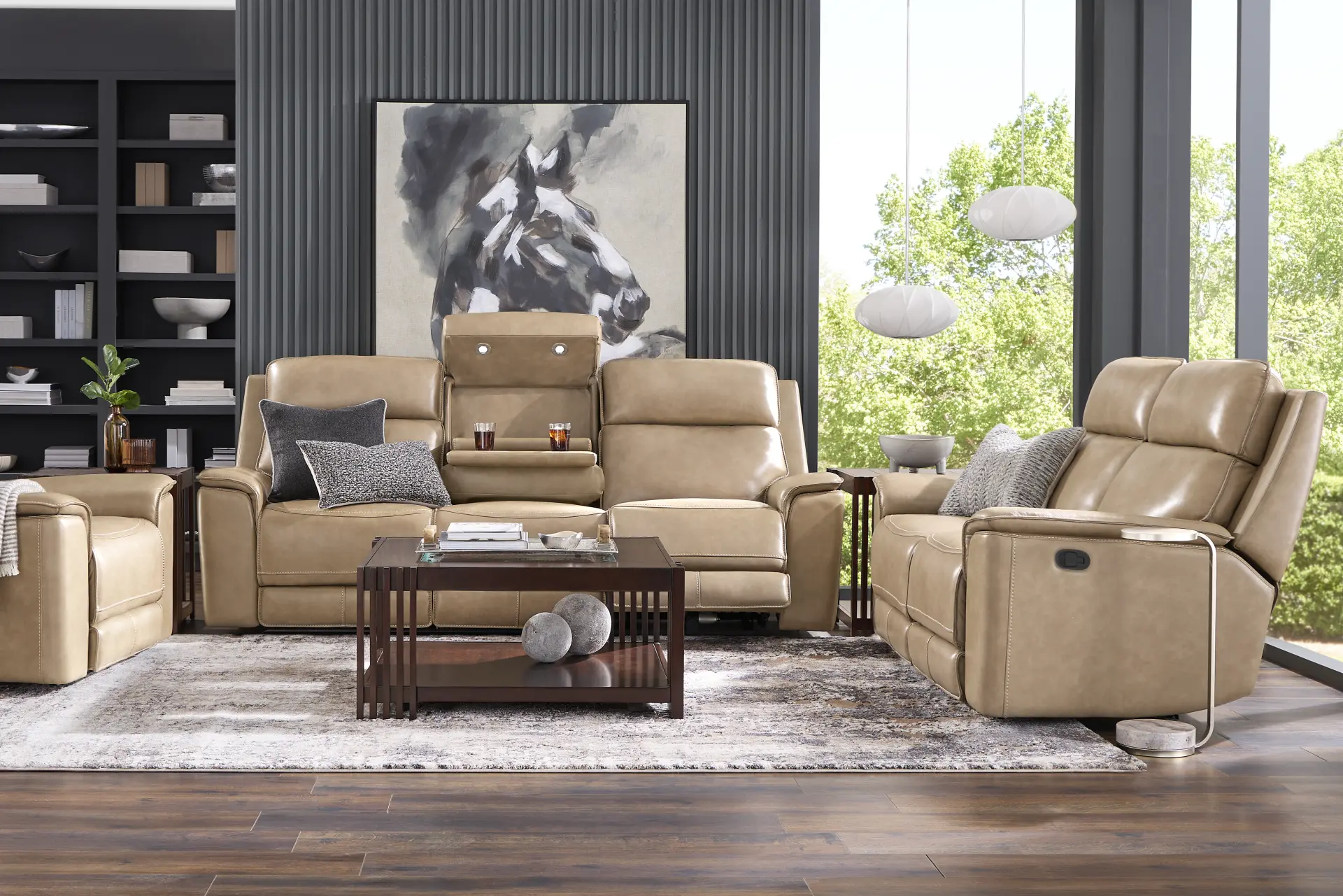 Magellan Sand Leather 7 Pc Reclining Living Room with Dual Power Reclining Sofa