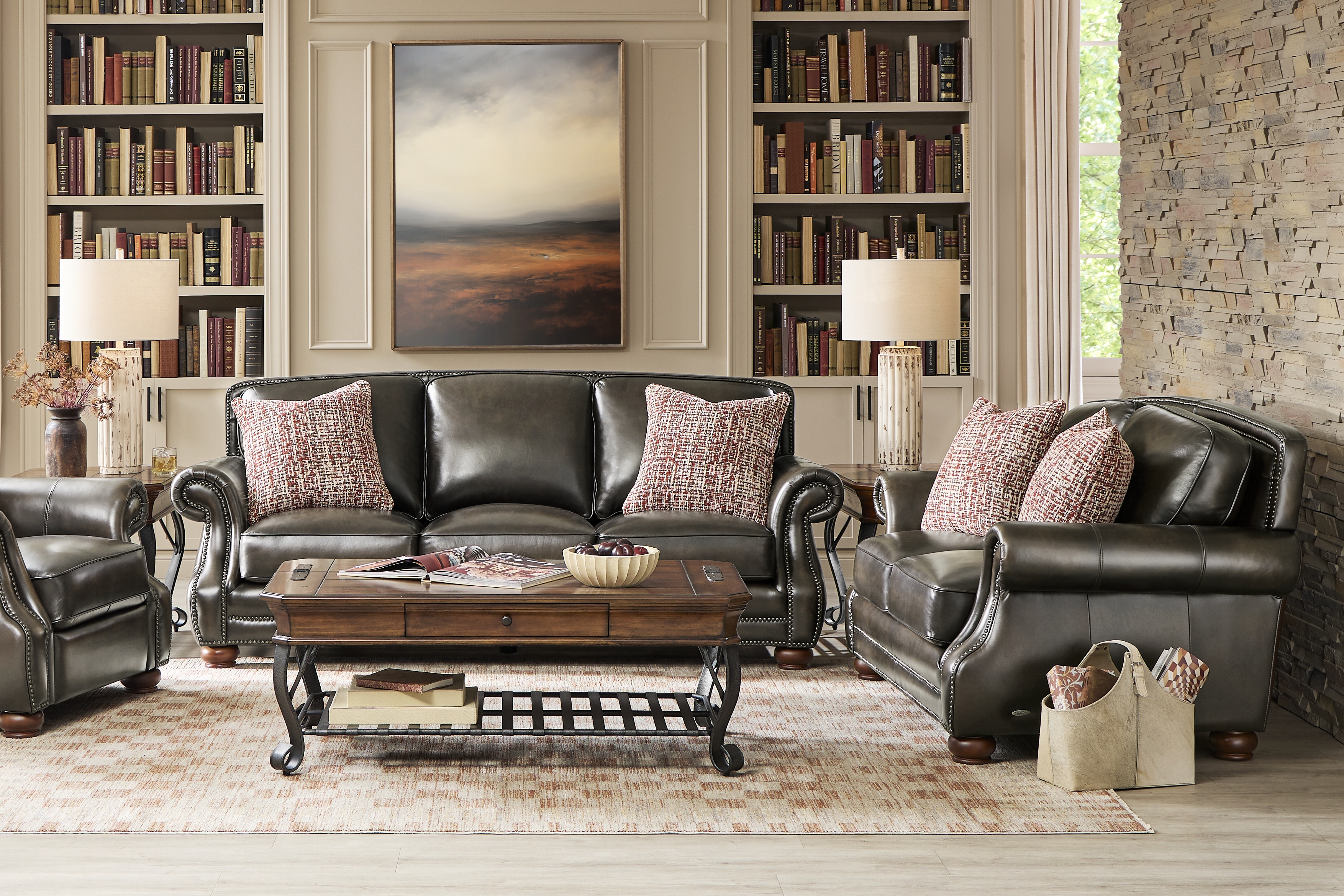 Calvano Lane Gray 7 Pc Leather Living Room with Sleeper Sofa - Thumbnail - Image 1