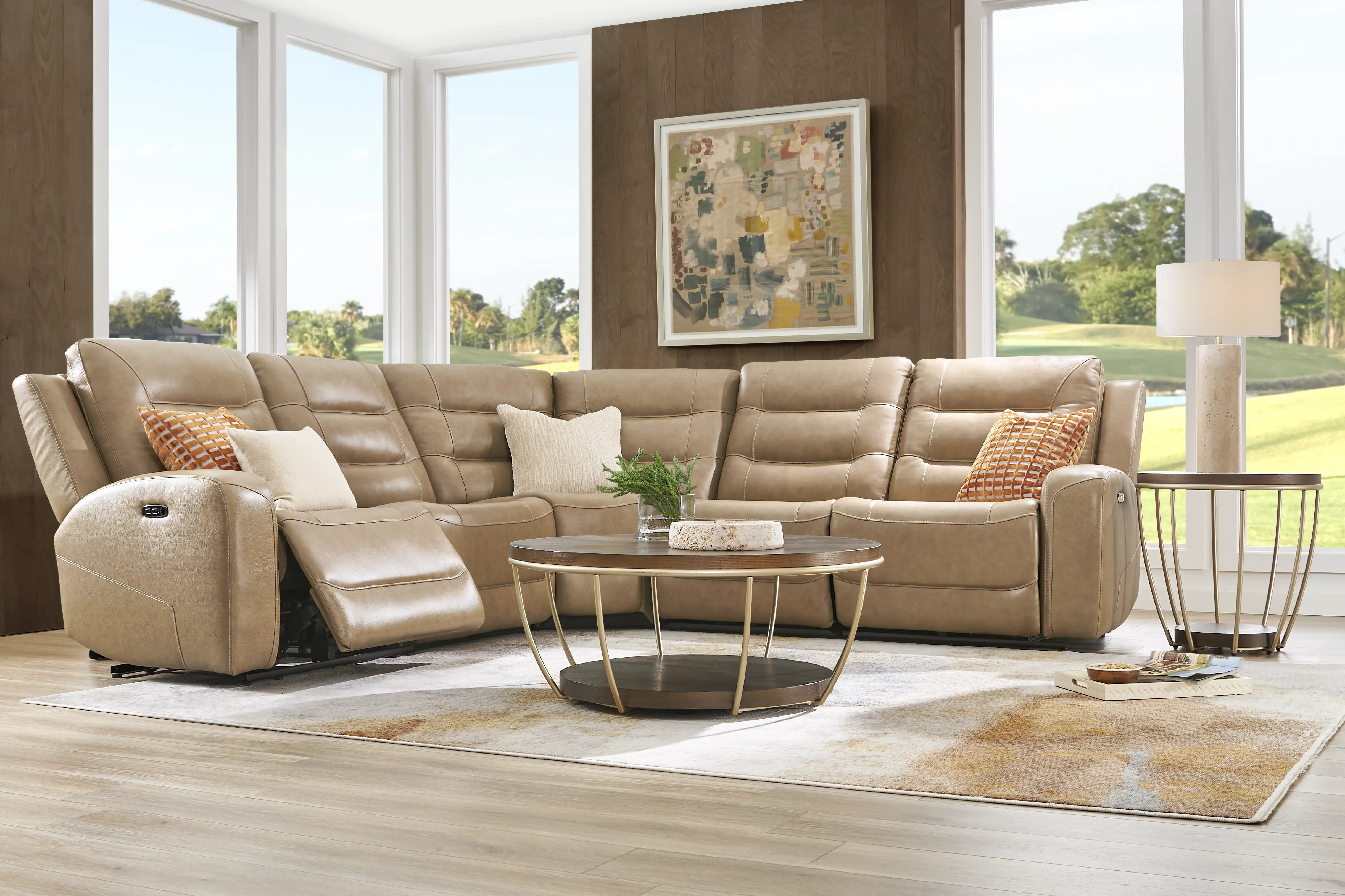 Montero Sand Beige Leather 7pc 7 Pc Dual Power Reclining Sectional