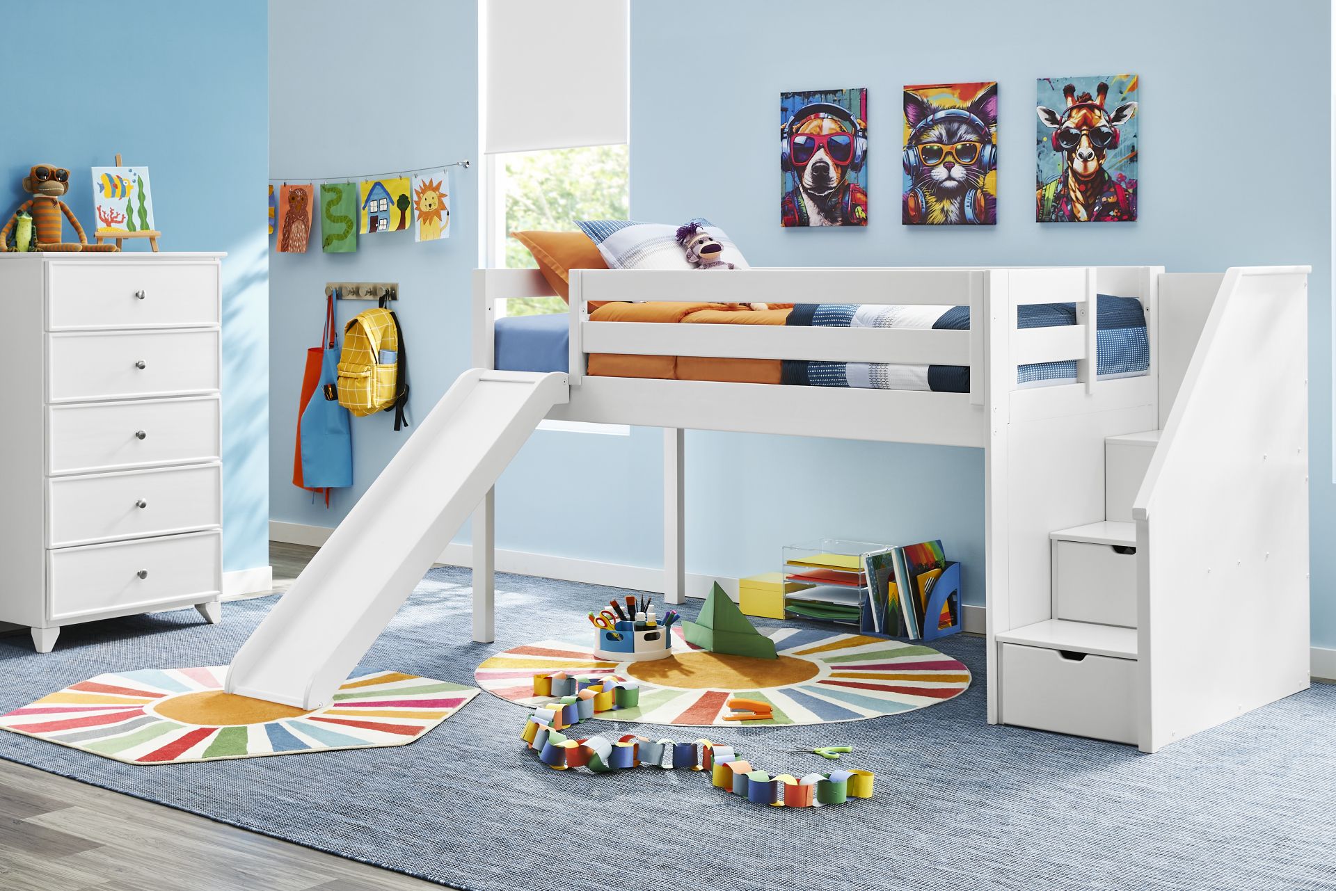 Kids Preston Place White Twin Step Loft Bedroom with Slide and Chest - Image 1