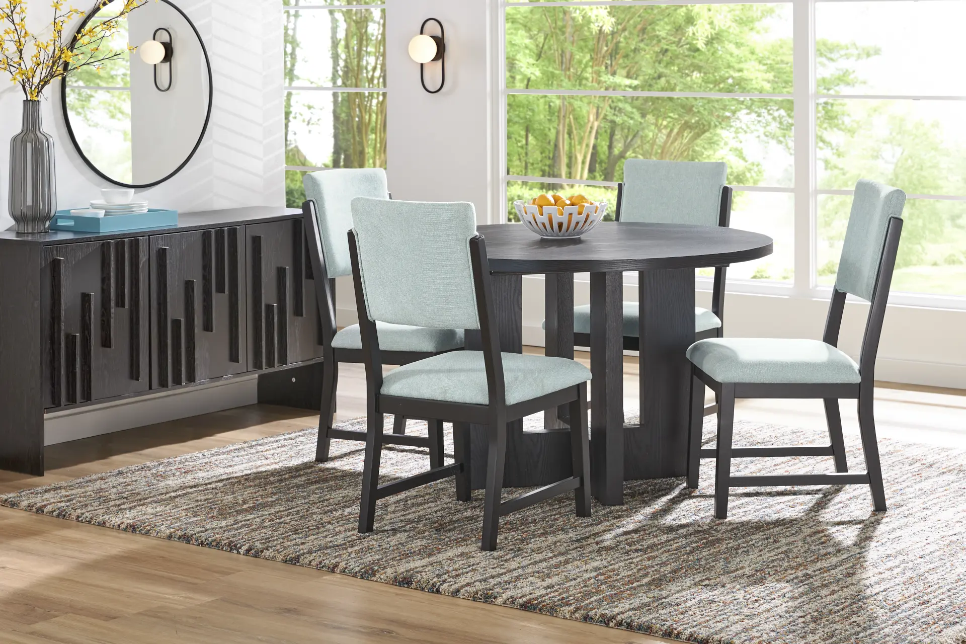 Rosolli Black 5 Pc Round Dining Room with Blue Upholstered Chairs