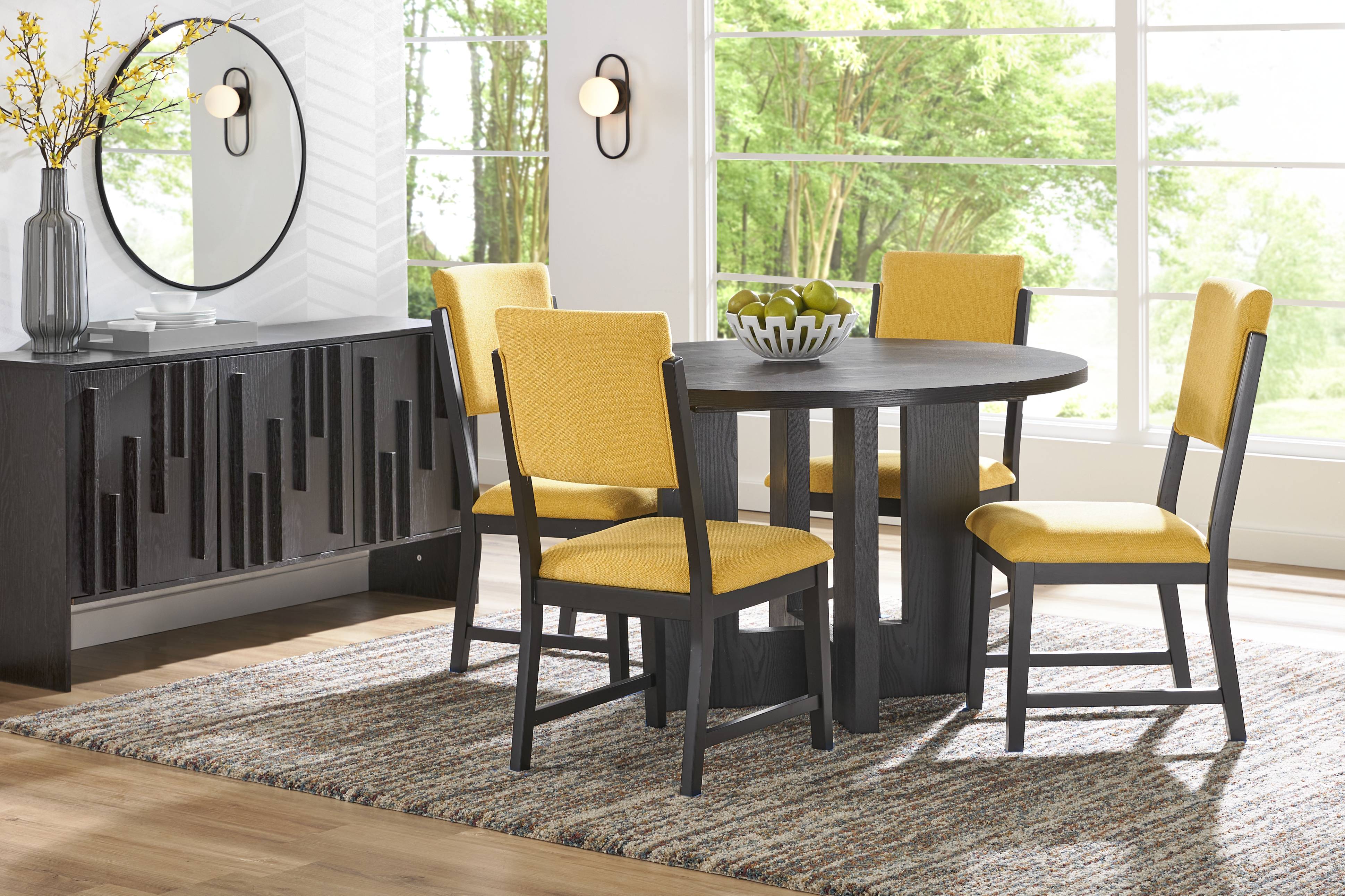 Rosolli Black 5 Pc Round Dining Room with Maize Upholstered Chairs - Thumbnail - Image 1