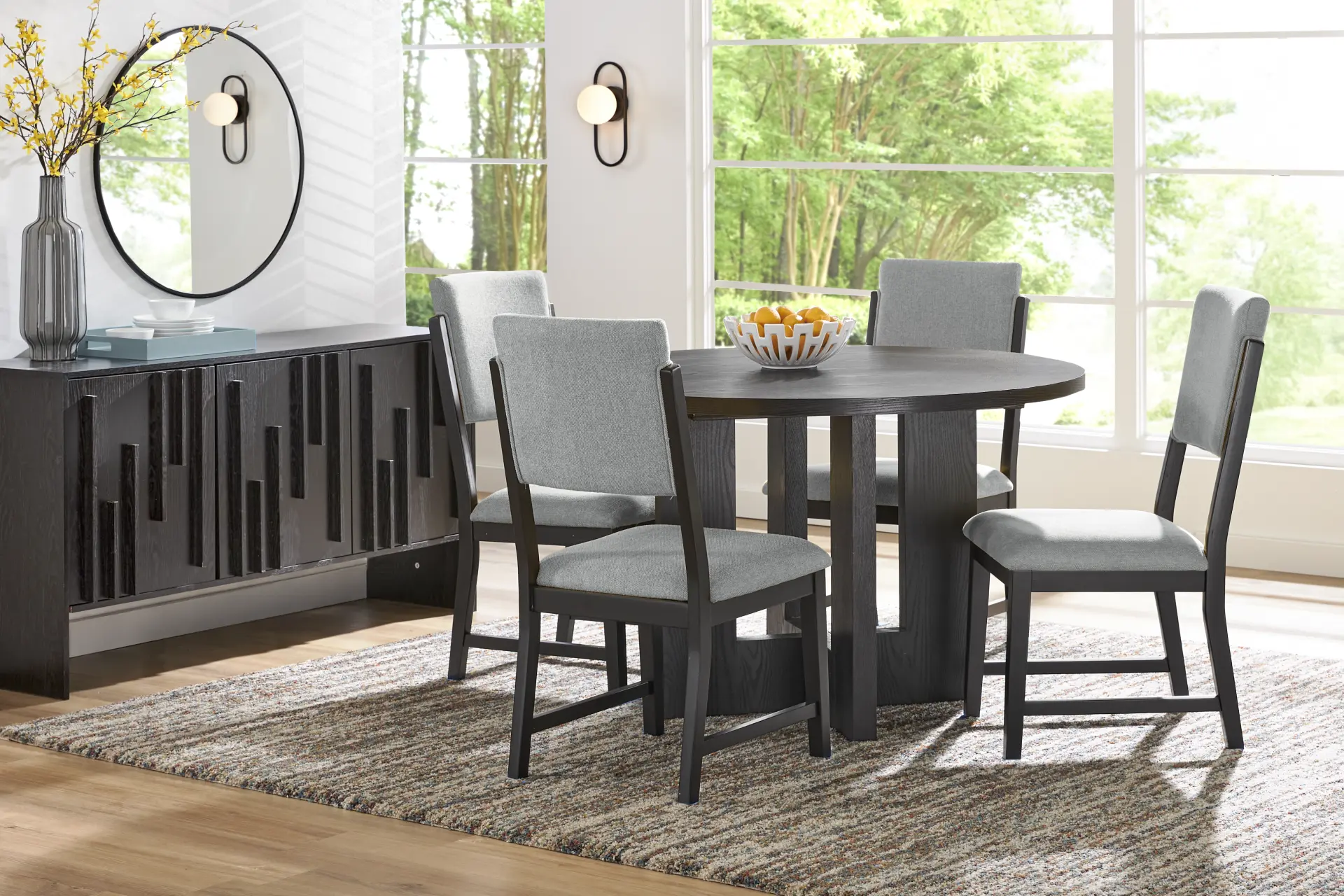 Rosolli Black 5 Pc Round Dining Room with Gray Upholstered Chairs