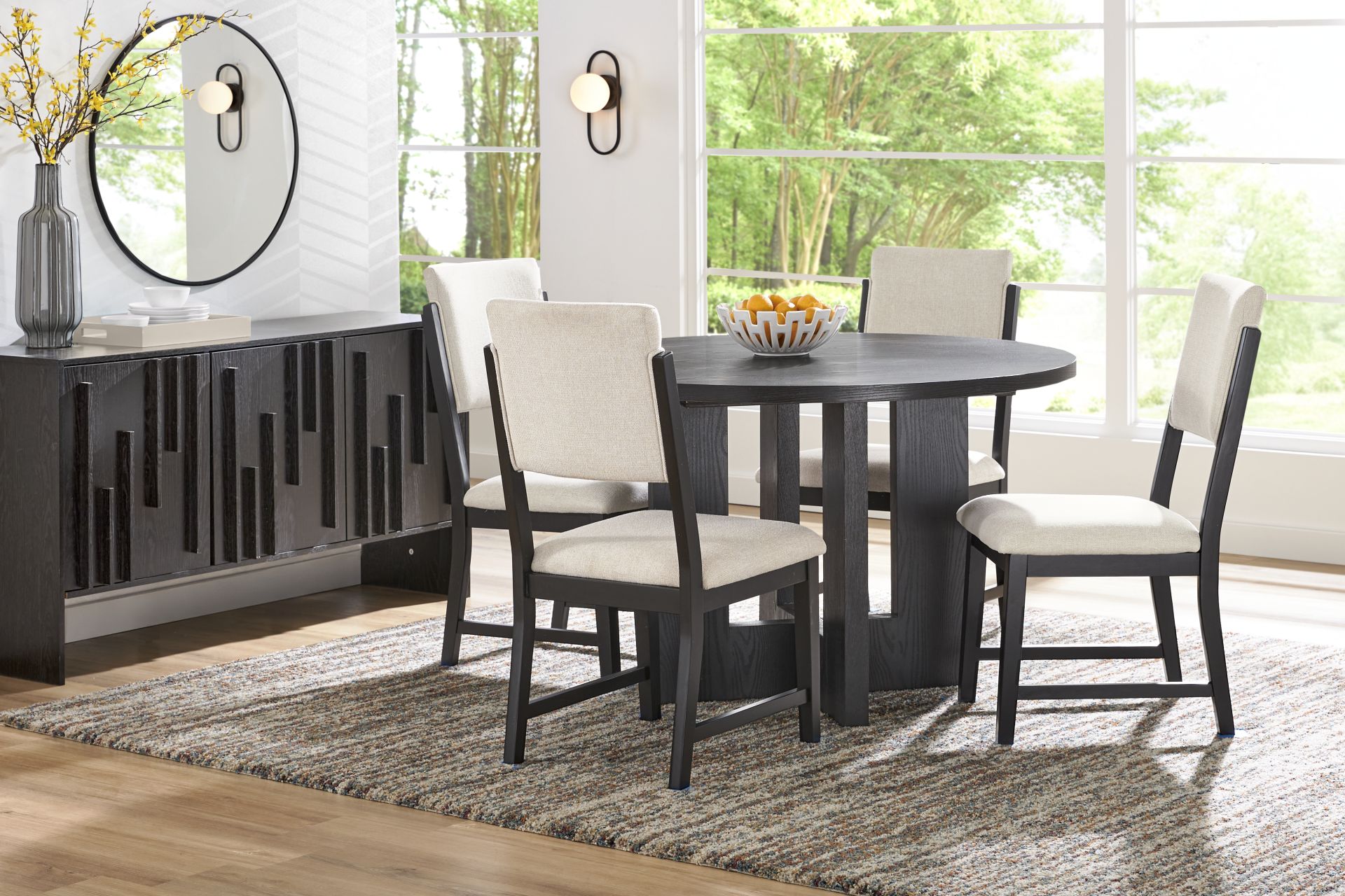 Rosolli Black 5 Pc Round Dining Room with Beige Upholstered Chairs - Image 1