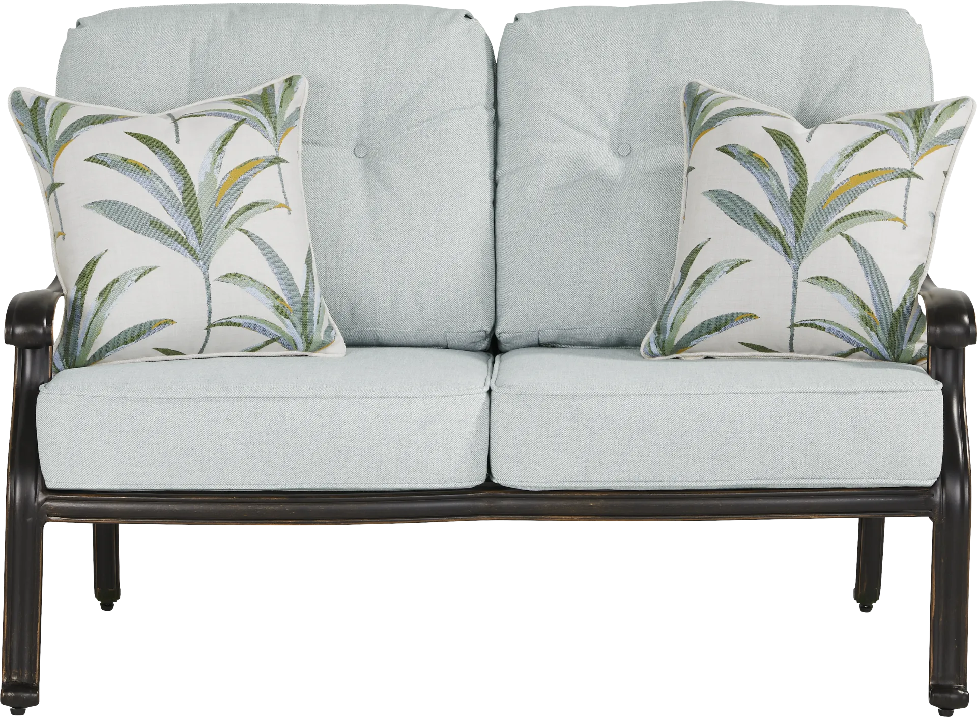 Carina Bronze Outdoor Loveseat with Sky Cushions - Image 1