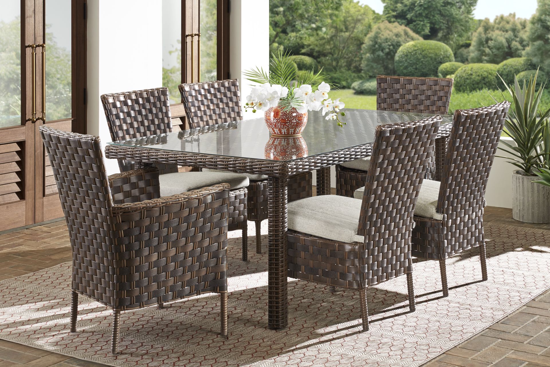 Mantra Brown 7 Pc Outdoor Dining Set with Ash Cushions - Image 1