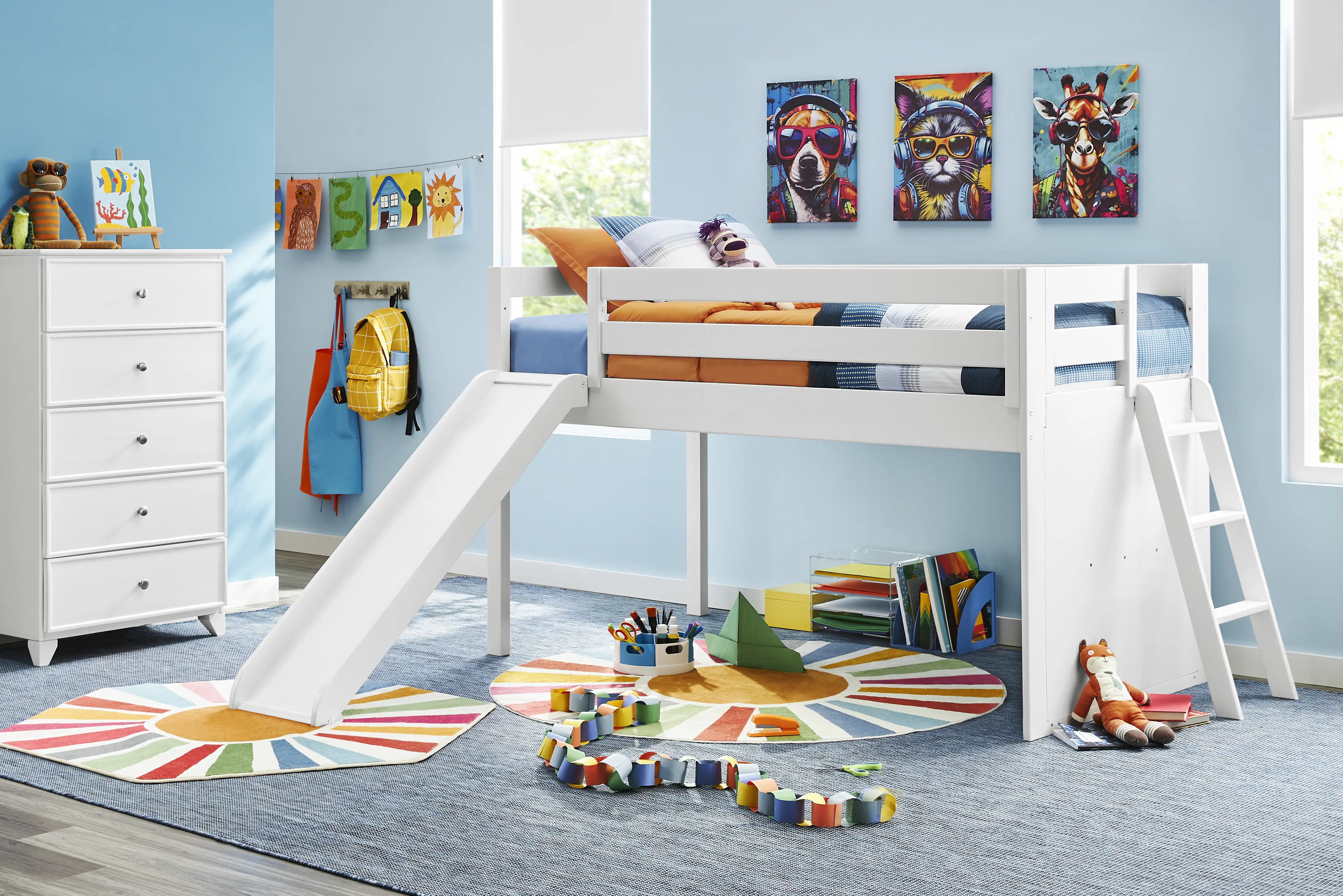 Kids Preston Place White Twin Loft Bedroom with Slide and Chest - Thumbnail - Image 1