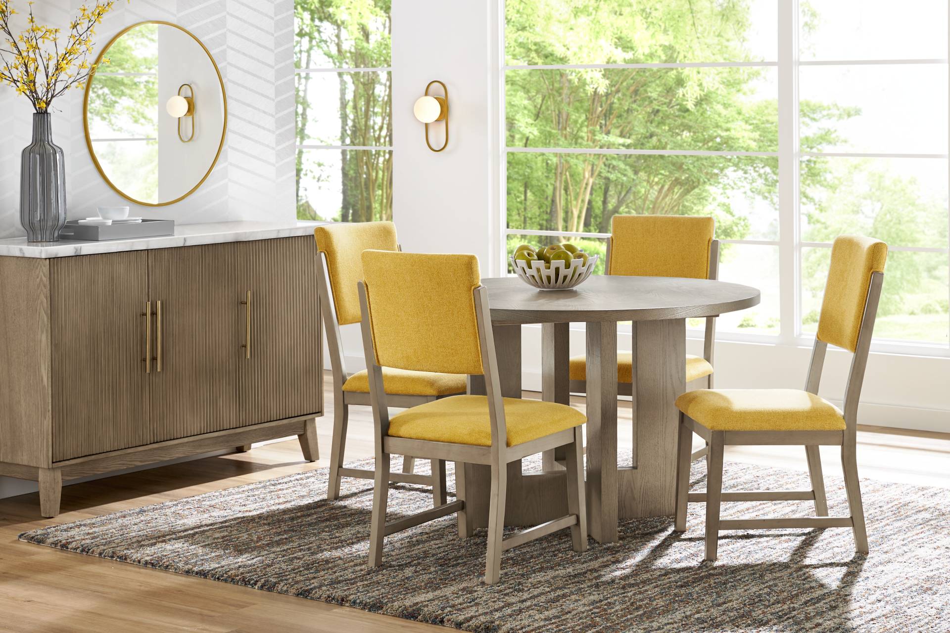 Rosolli Gray 5 Pc Round Dining Room with Maize Upholstered Chairs full room