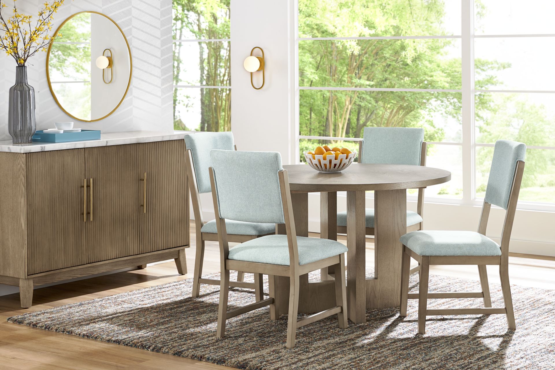 Rosolli Gray 5 Pc Round Dining Room with Blue Upholstered Chairs - Image 1