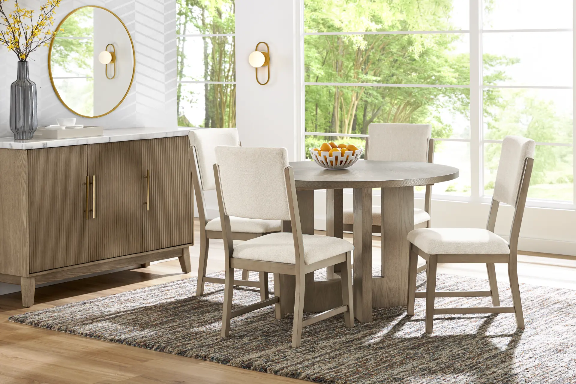 Rosolli Gray 5 Pc Round Dining Room with Beige Upholstered Chairs