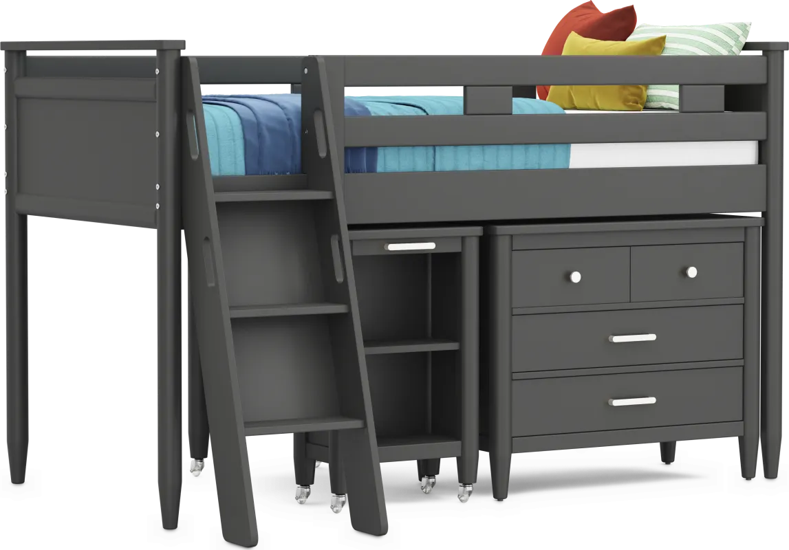 Kids Modern Colors Iron Ore Twin Loft with Loft Chest and Desk