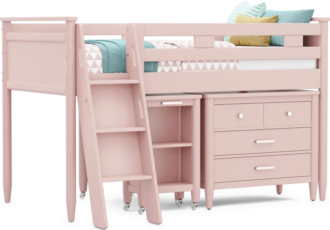 Kids Modern Colors Pink Twin Loft with Loft Chest and Desk