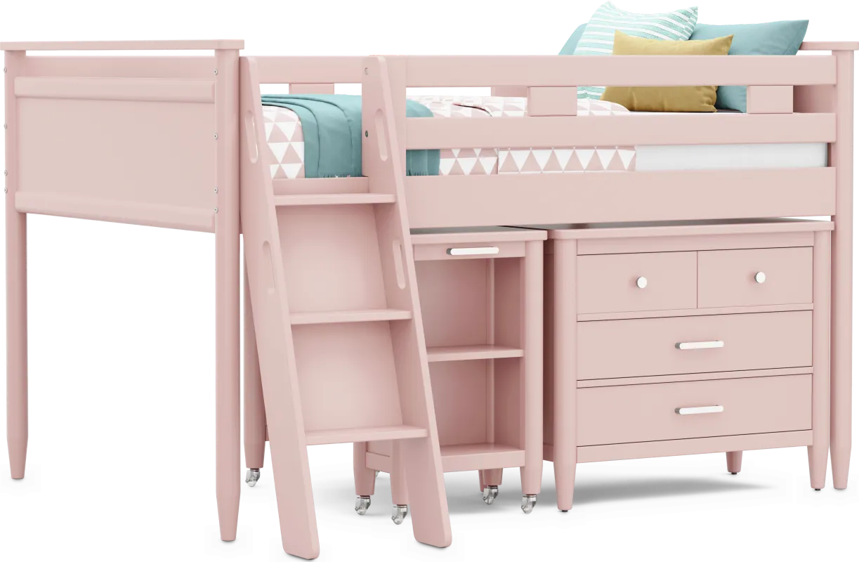 Kids Modern Colors Pink Full Loft with Loft Chest and Desk