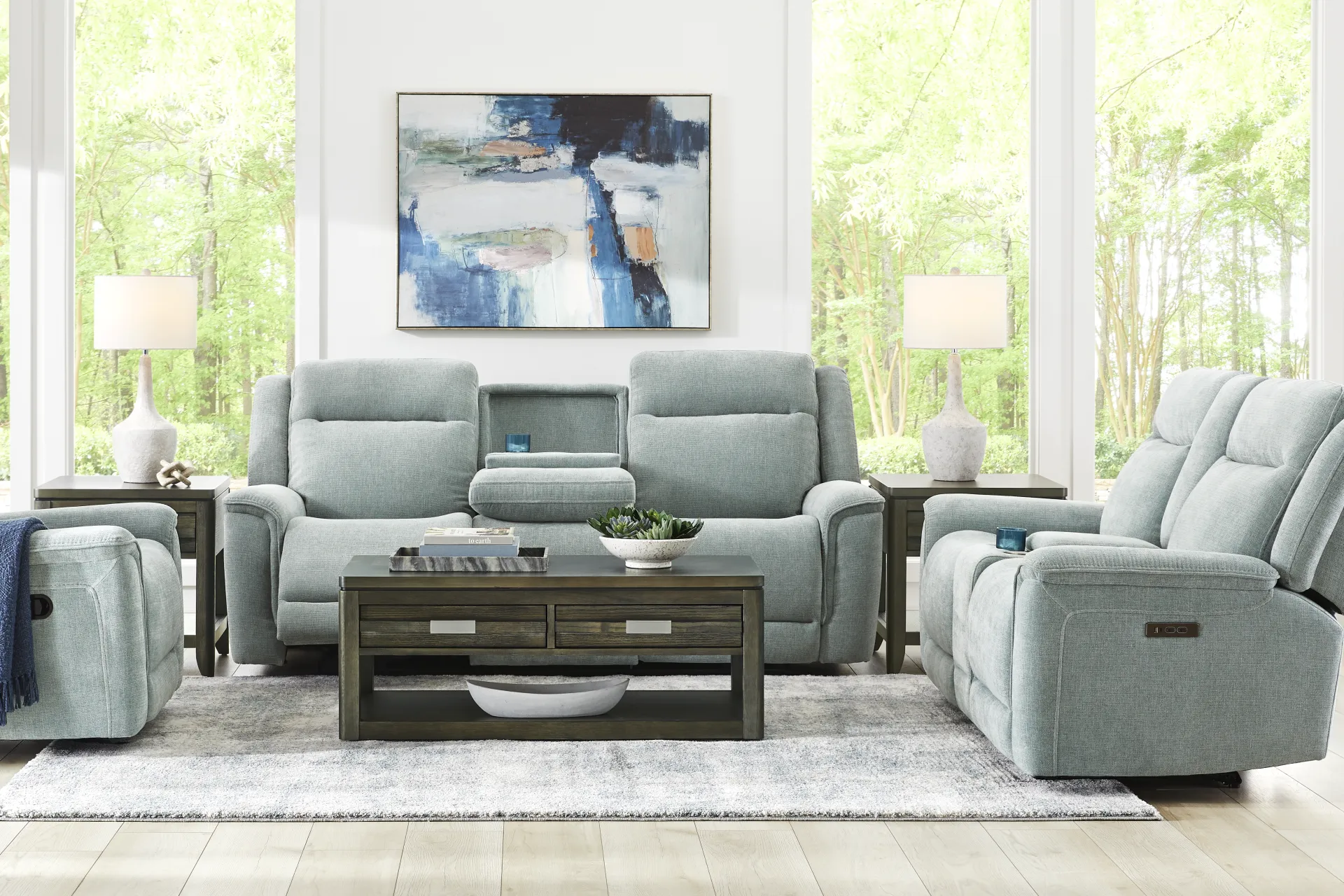 Meadow Park Seafoam Dual Power Reclining Sofa - Image 1