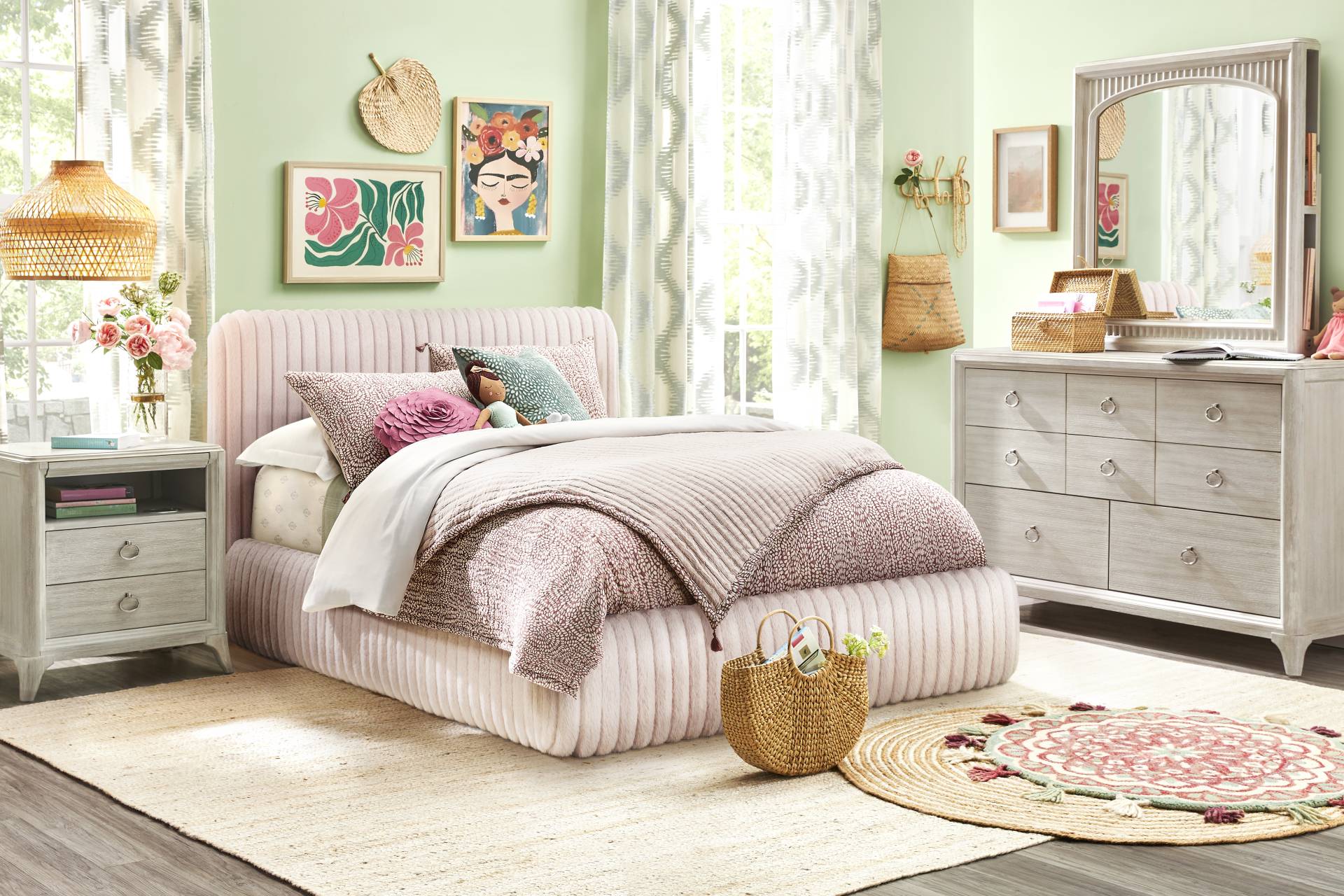 Kids Vivien Wirebrush Gray Bedroom with Charlize Pink Twin Upholstered Bed full room