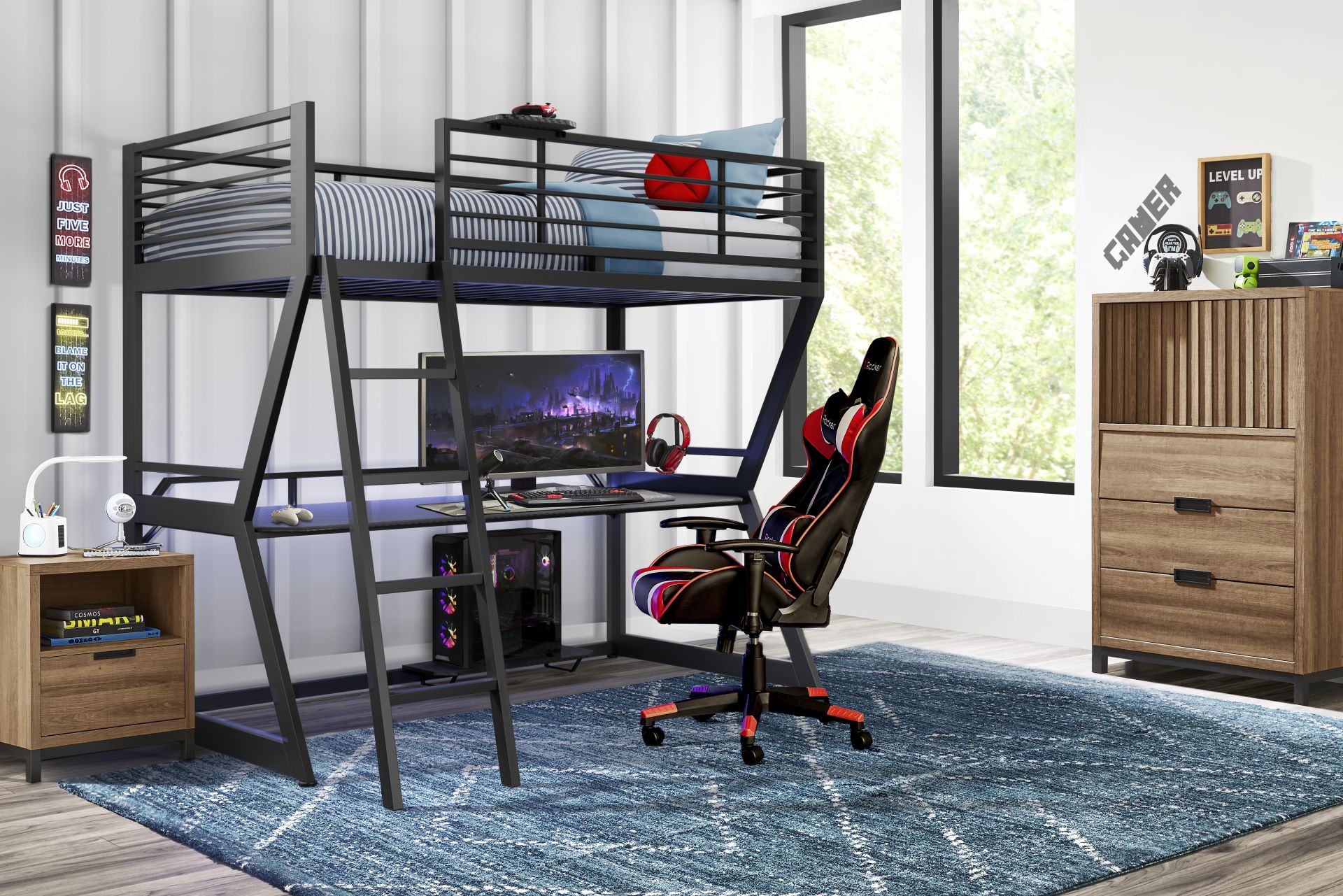 Kids Northridge Drive Caramel Bedroom with Carbon Optix Black Twin Gaming Loft Bed - Image 1