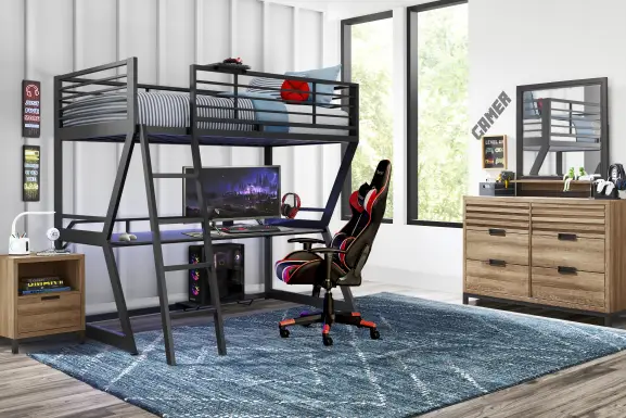 Kids Northridge Drive Caramel Bedroom with Carbon Optix Black Twin Gaming Loft Bed