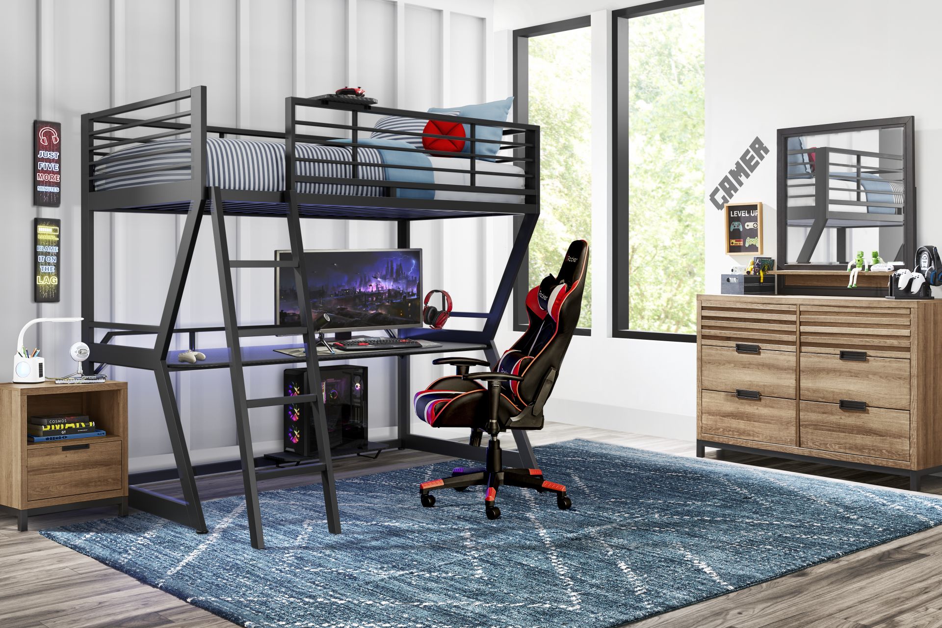 Kids Northridge Drive Caramel Bedroom with Carbon Optix Black Twin Gaming Loft Bed - Image 1