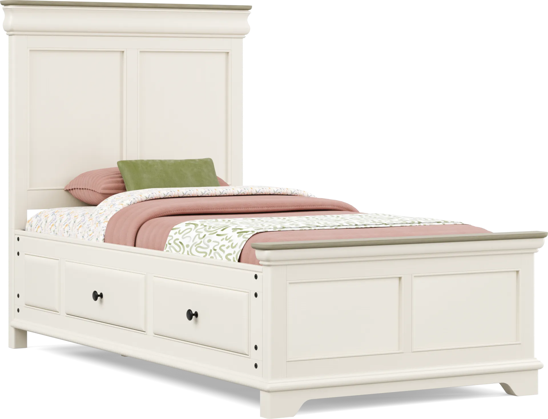 Kids Oberon Cream Twin Panel Bed with Storage Side Rails - Image 1